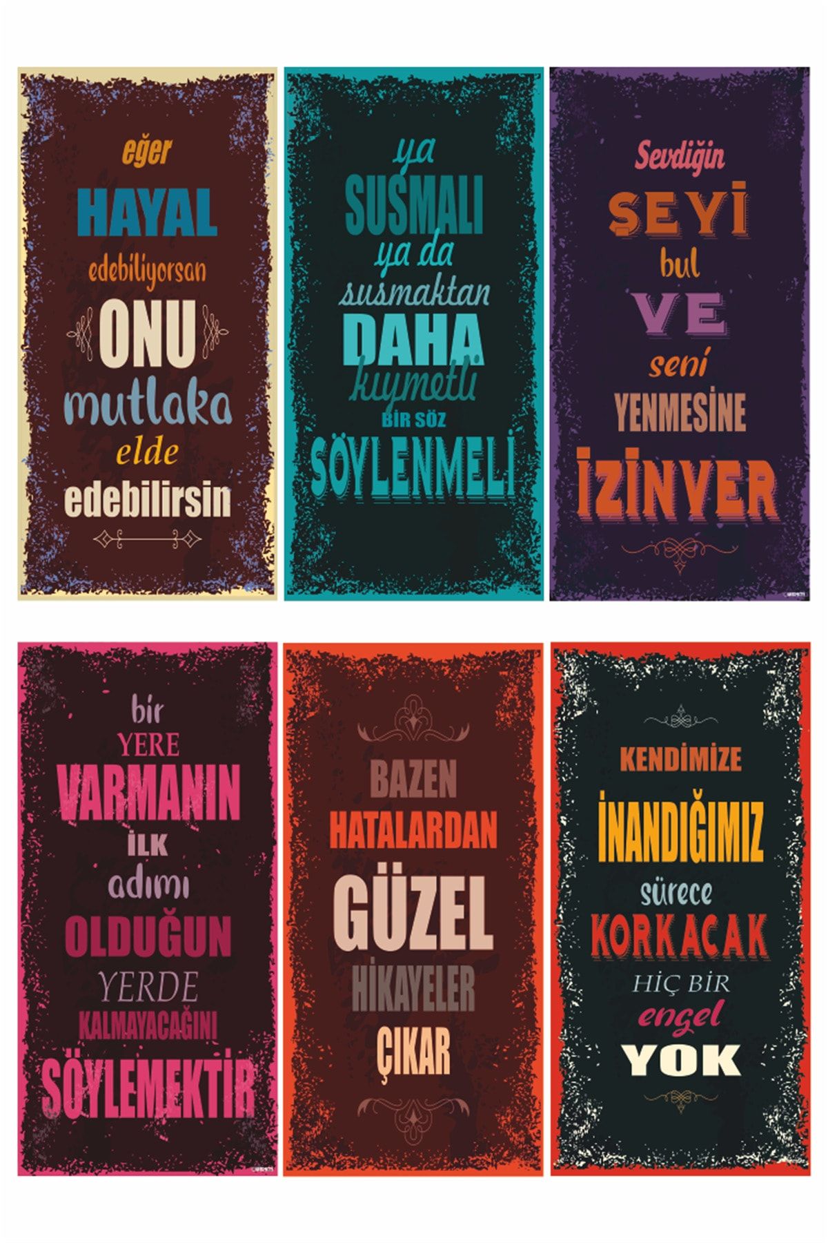 Hayat Poster Motivasyon Eğlenceli Öğretici Duvar Yazıları-1- 6lı Mini Retro Ahşap Poster Seti