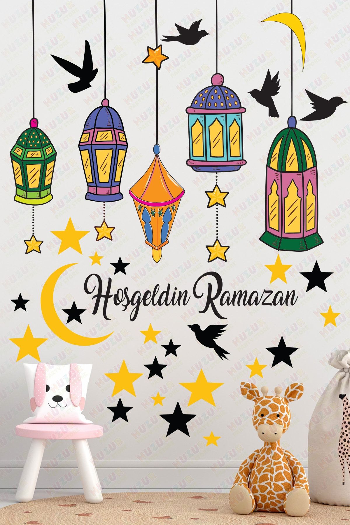 Huzur Party Store Hoşgeldin Ramazan Bayramı Yapışkanlı Sticker Iz Bırakmayan Duvar Cam Dolap Çıkartması Süsü 53 Parça