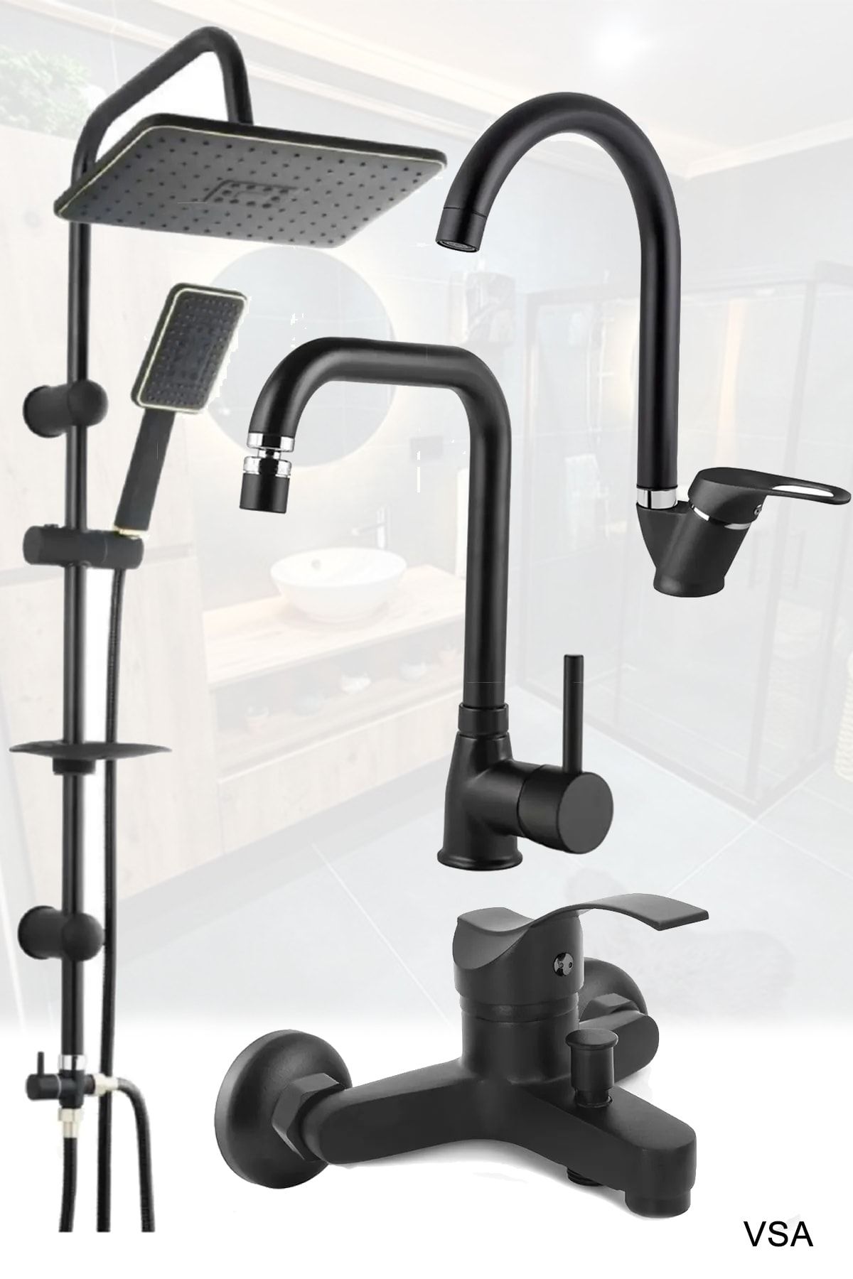 VSA Siyah Robot Siyah Tepe Yağmurlama Duş Seti Mutfak Banyo Lavabo Bataryası Set