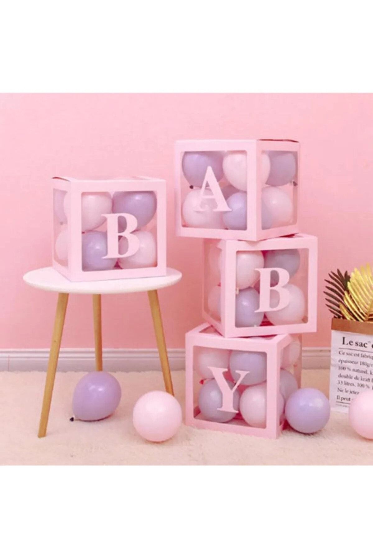 Genel Markalar 4 Kutu Baby Yazılı Şeffaf Kutu Harf Pembe 25 Cm Balon Hediyeli