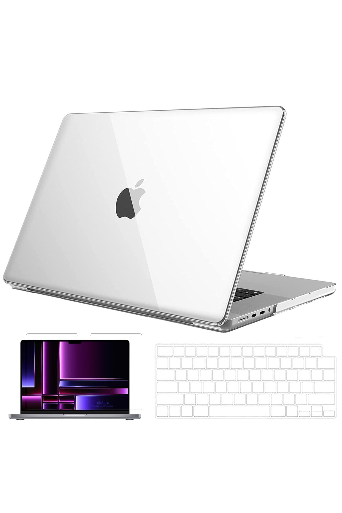 NovStrap Apple Macbook Pro 2023 M2 16 Inc A2780 Uyumlu Parlak Kılıf + Şeffaf Klavye Kılıfı + Film