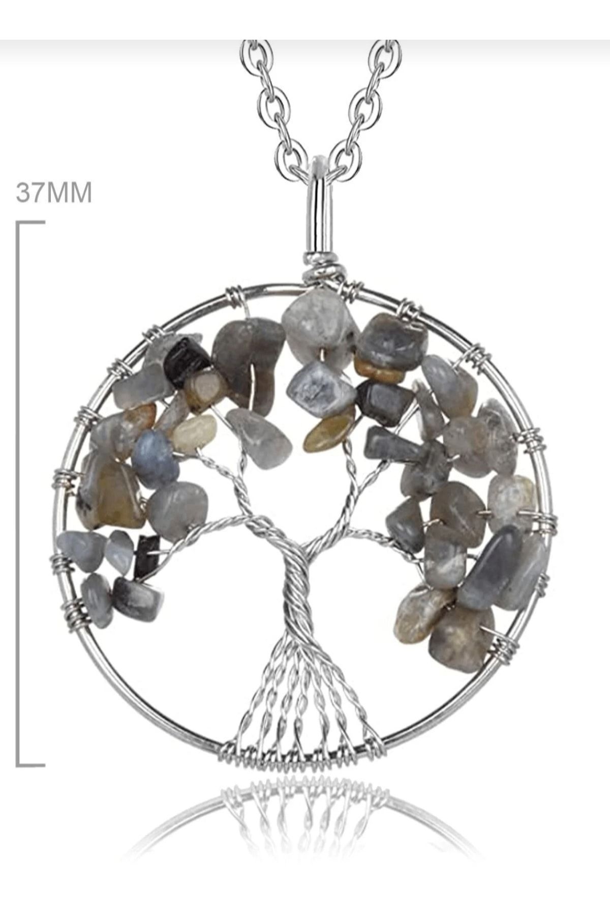 La'Vanti Designs Gümüş Zincirli Doğal Labrodorit Taşı Hayat Ağacı Kolye Aşk Hediye