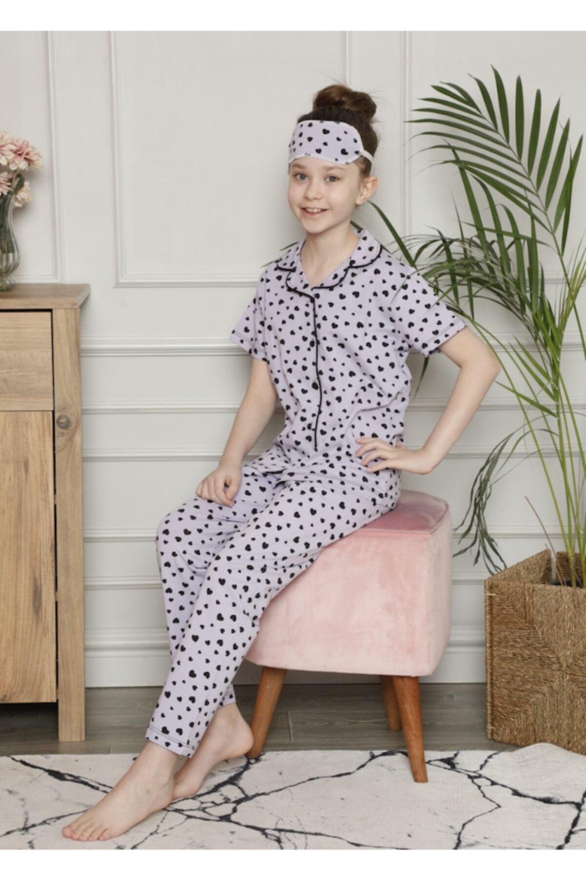 Lolliboomkids Kız Çocuk  Lila Kalp Desen Düğmeli Kısa Kol Pijama Takımı 3'lü  -
