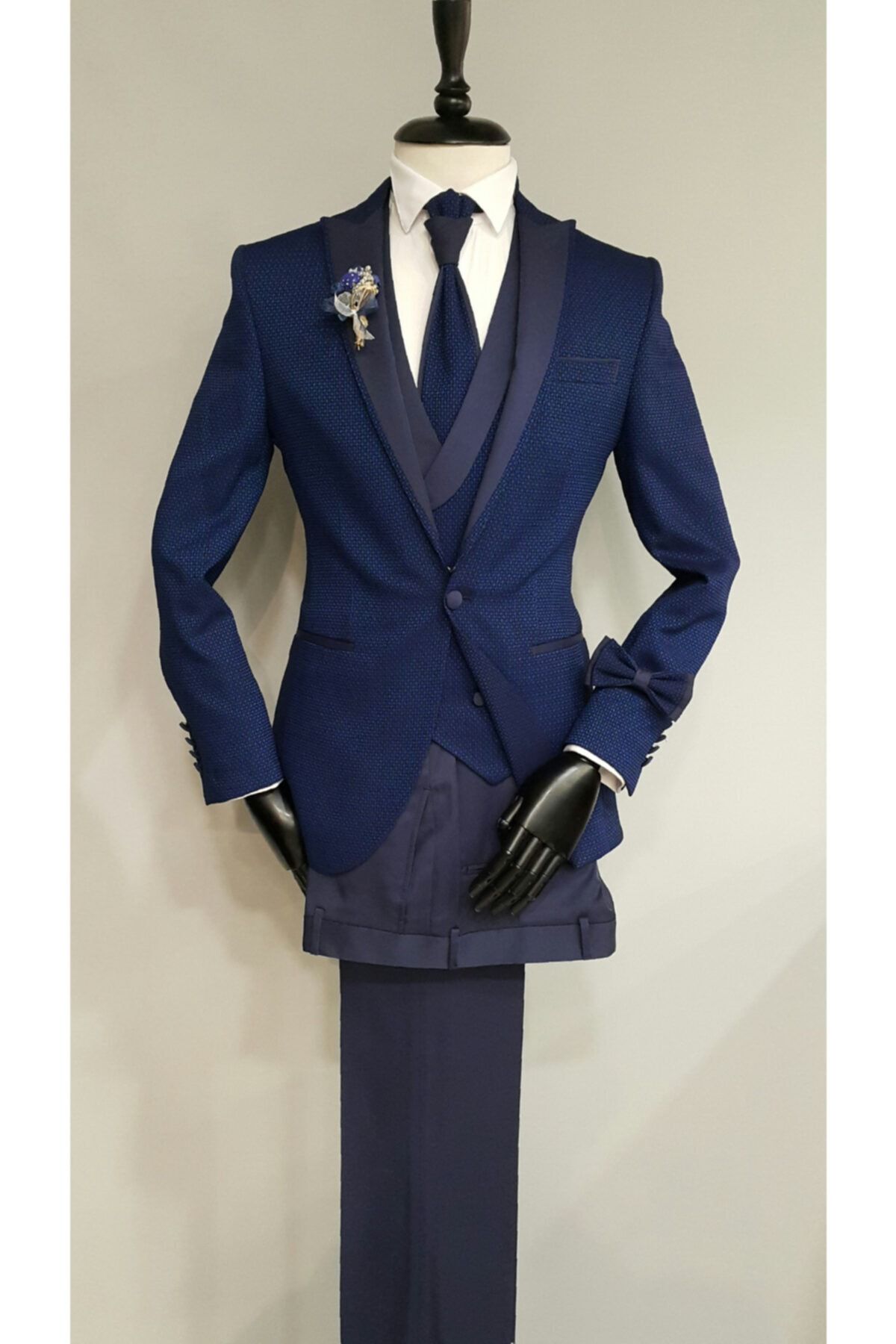 TREND&LİFE Mavi Slim Fit Kruvaze Yaka Damatlık Takım Elbise