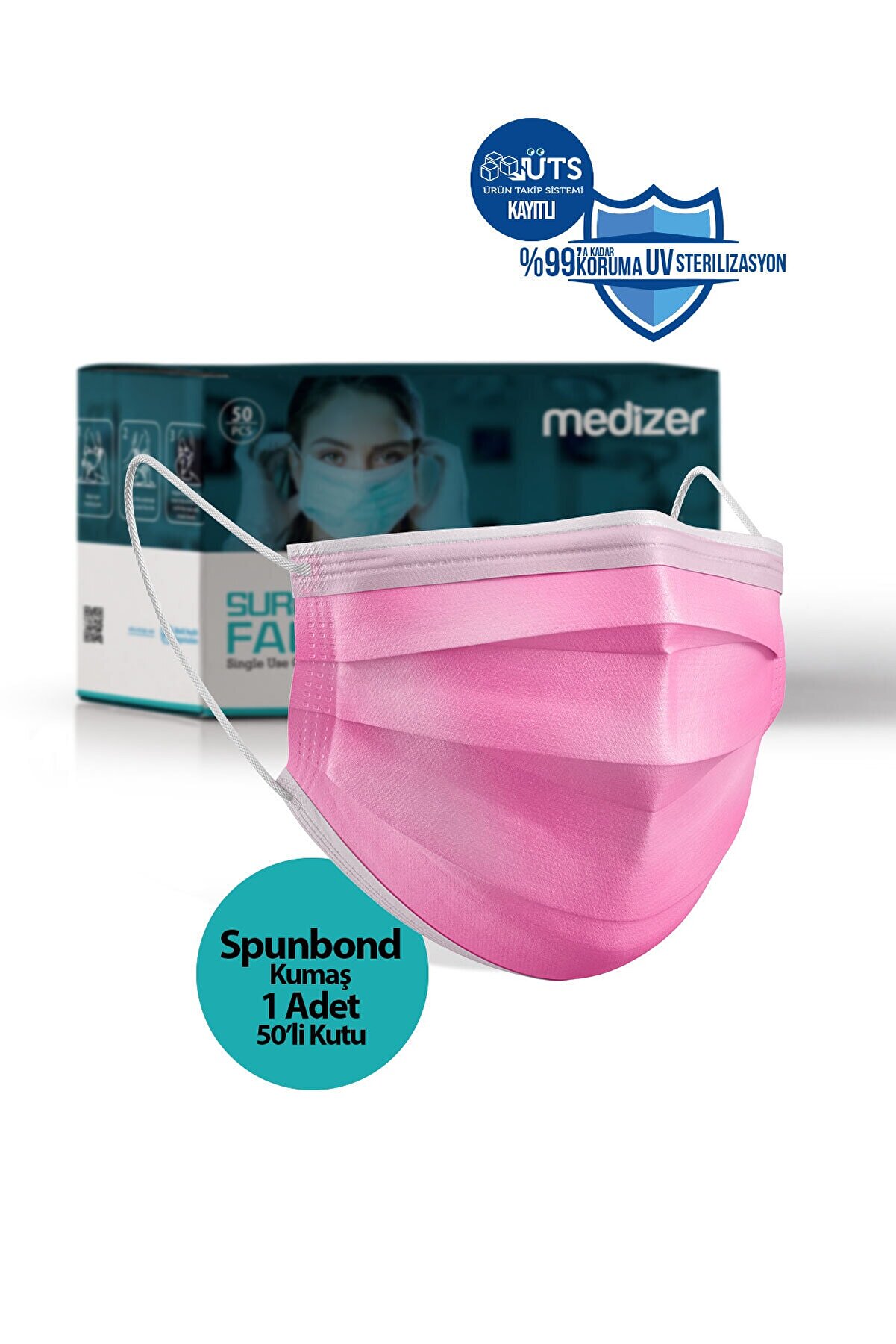 Sabomar Medizer Full Ultrasonik Cerrahi Ağız Maskesi 3 Katlı Spunbond Kumaş 50 Adet - Burun Telli - Pembe