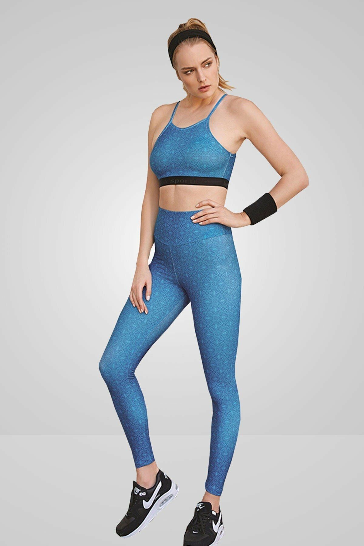 Berrak Takım Kadın Sporcu Tayt Ve Büstiyer - Yoga Fitnes - Plates Spor Günlük Kullanım Mavi