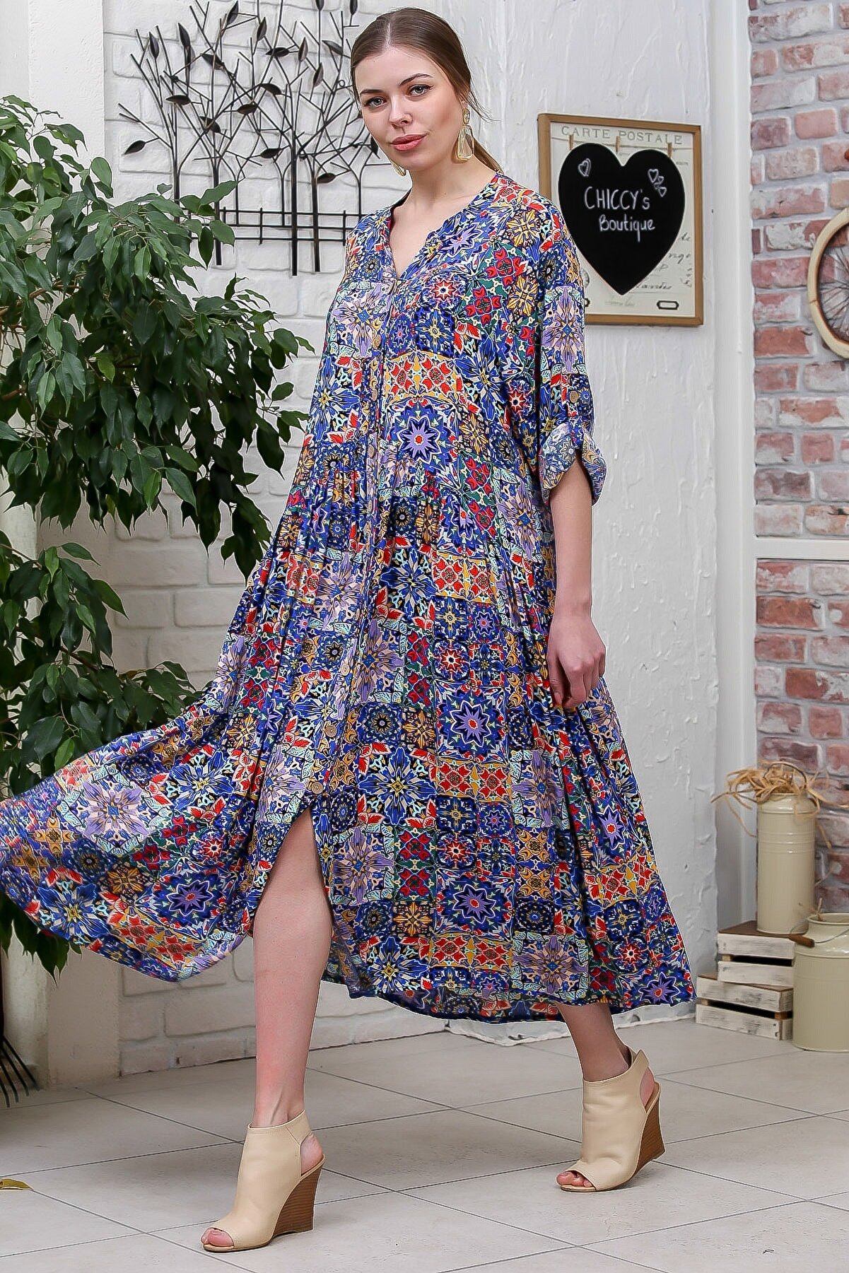 Chiccy Kadın Mavi Bohem Ottoman Desenli Ahşap Düğmeli Büzgülü Salaş Elbise M10160000EL95583