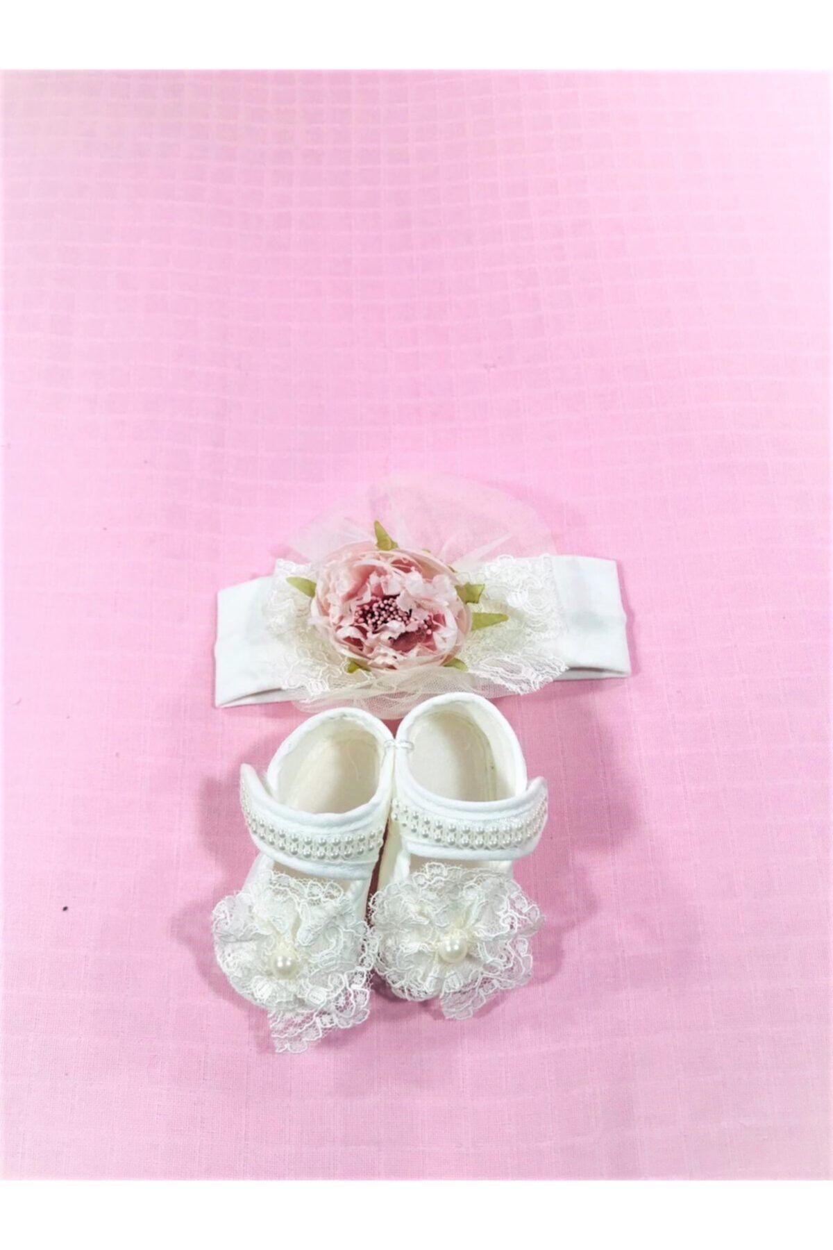 CILGIN BEBEK Yeni Doğan Beyaz Ayakkabı Bandana Set