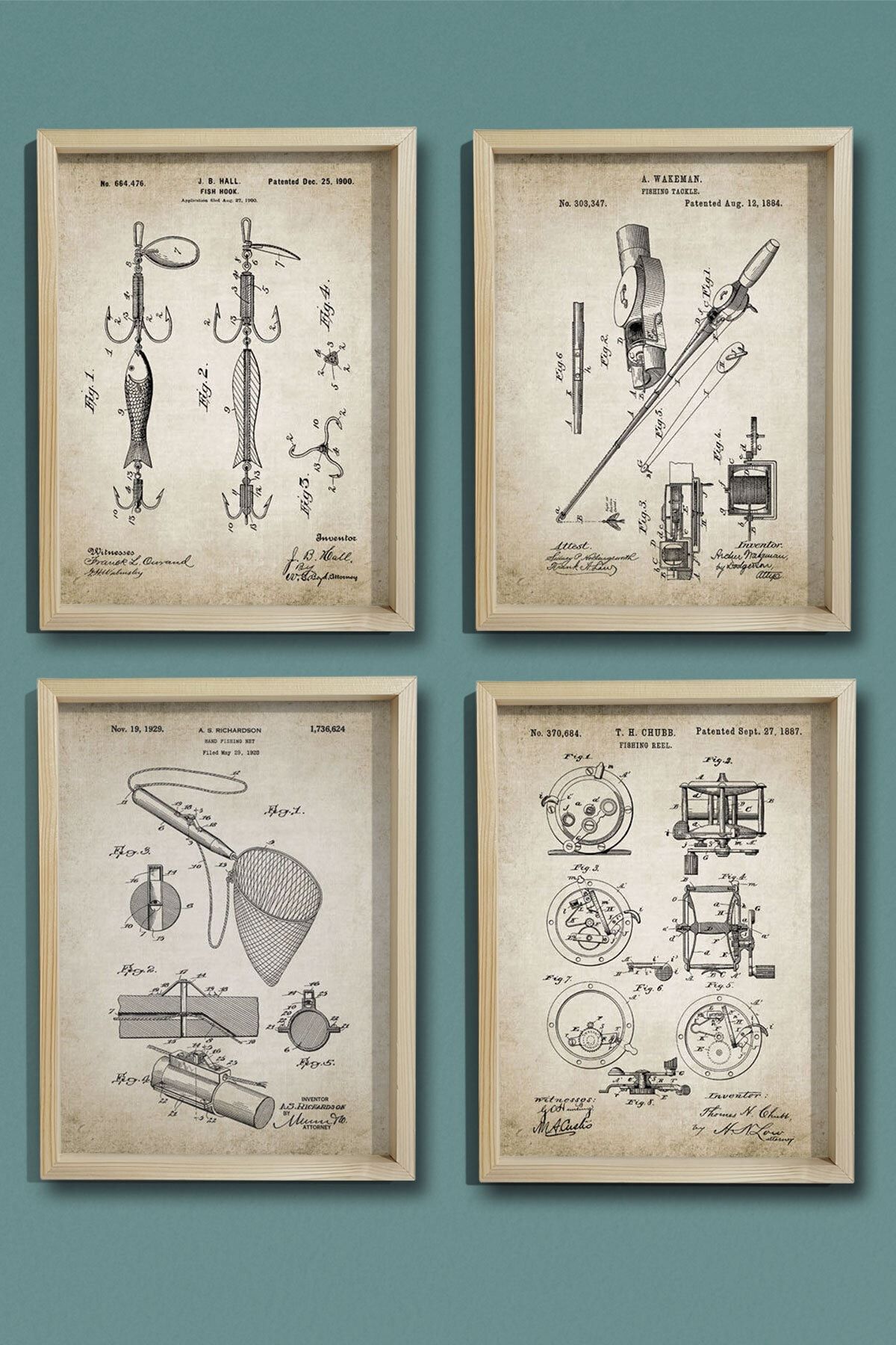 Dekor Loft Doğal Çam Çerçeveli Duvar Tablosu Antik Balıkçı Patentleri 1884 Yılı