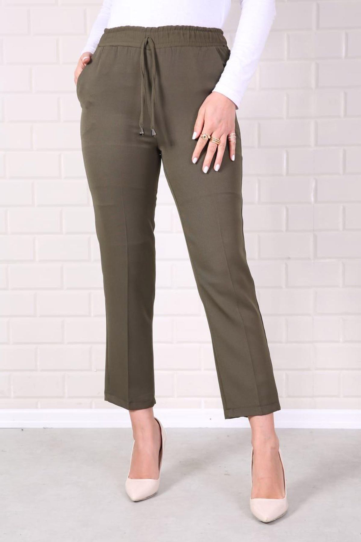 Essah Moda Kadın Haki Lastikli Havuç Pantolon - Me000321