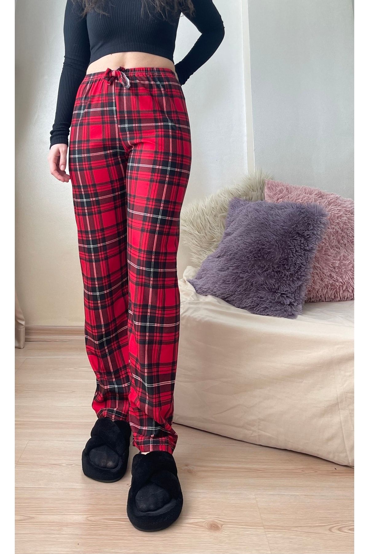 Betimoda Kırmızı Siyah Beyaz Kadın Kadife Pijama Altı Eşofman Pamuklu