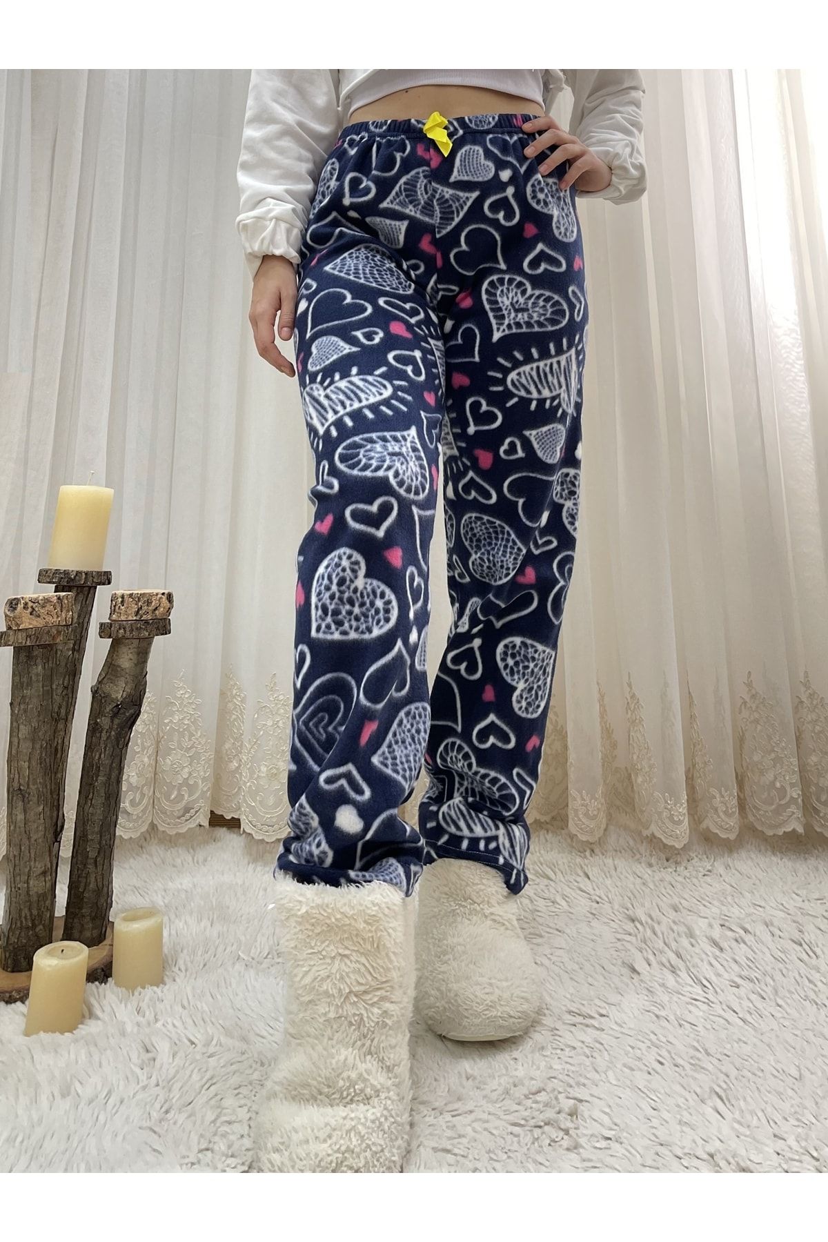 Betimoda Beyaz Büyük Kalpli Kadın Polar Pijama Altı Kışlık Lastikli Bel Tek Alt