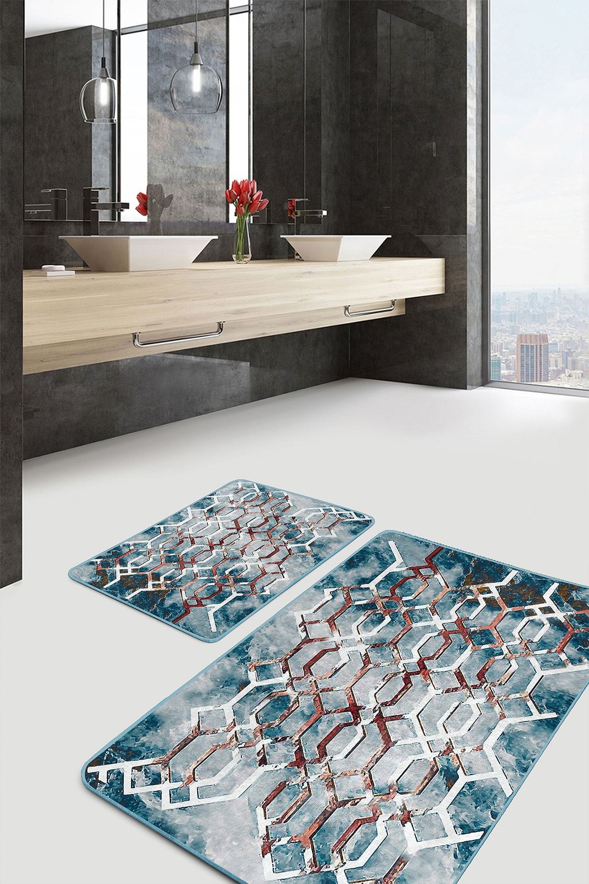 Realhomes Mavi - Kırmızı Zeminde Kanvas Motifli Geometrik Modern Geometrik 2'li Banyo & Mutfak Paspas Takımı