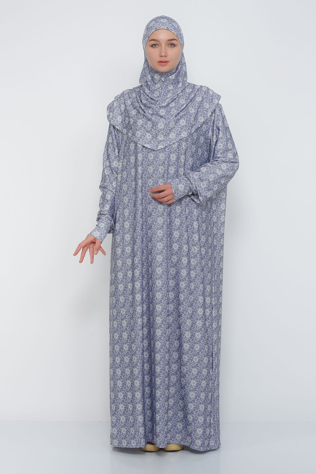 Altobeh Pratik Tek Parça Desenli Kollu Tak Çıkar Başörtülü Likralı Tesettür Namaz Elbisesi  990-0308