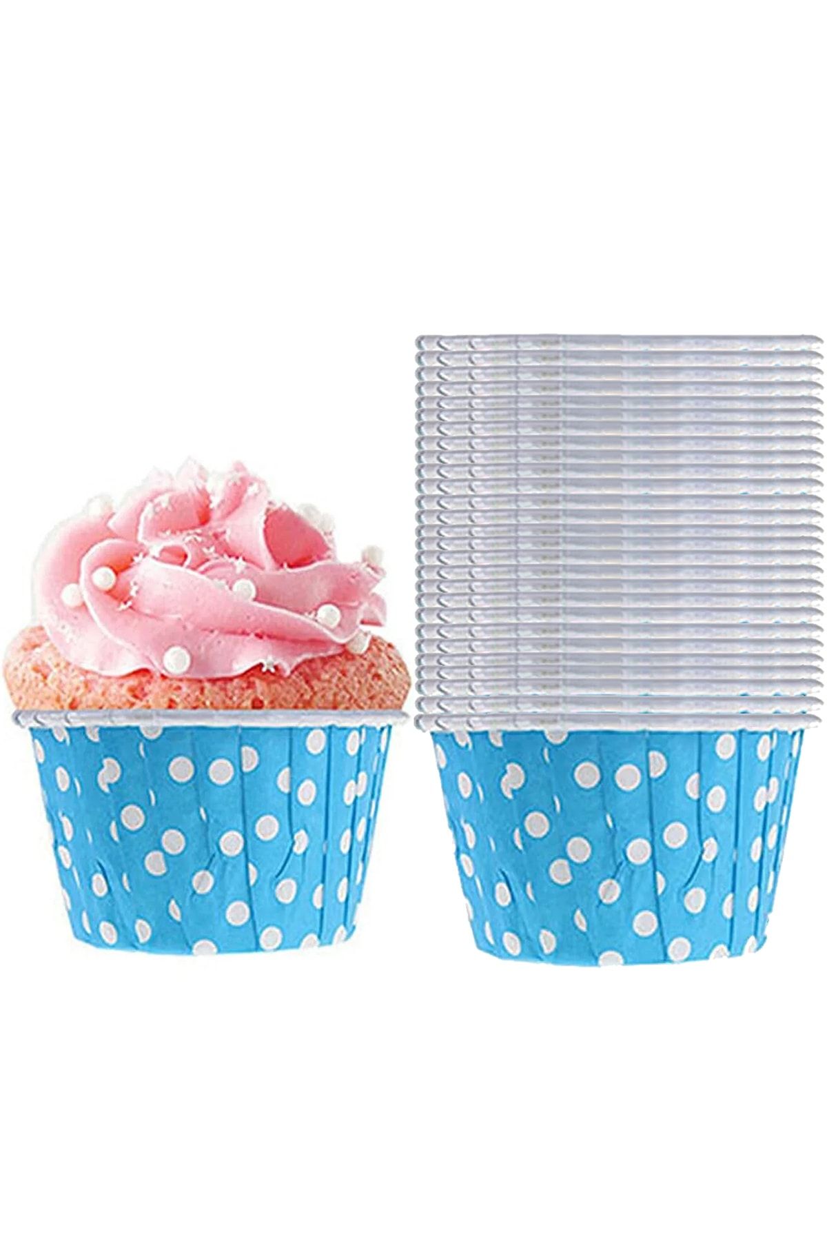Parti Dolabı 25'li Açık Mavi Renkli Puantiyeli Kağıt Muffin Kek Ve Sufle Kapsülü Cupcake Pişirme Kalıbı Kağıdı