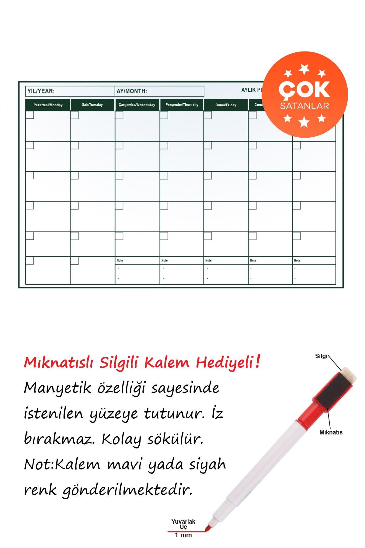 Kaizen Market Manyetik Yapışkanlı Aylık Program Planlayıcı Akıllı Kağıt Tahta