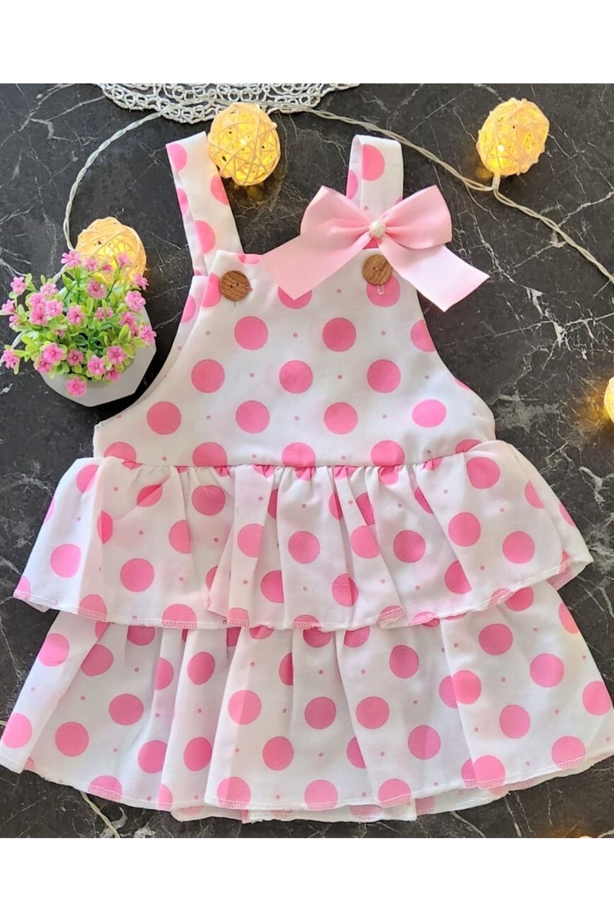 MiniStand Kız Bebek Pembe Puantiyeli Fırfırlı Elbise