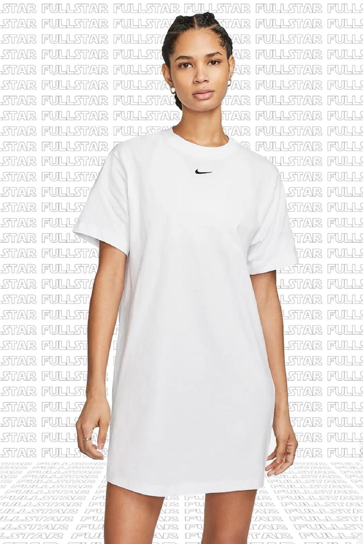 Nike Sportswear Organic Cotton Short Sleve Dress Nakış Swooslu Beyaz Elbise