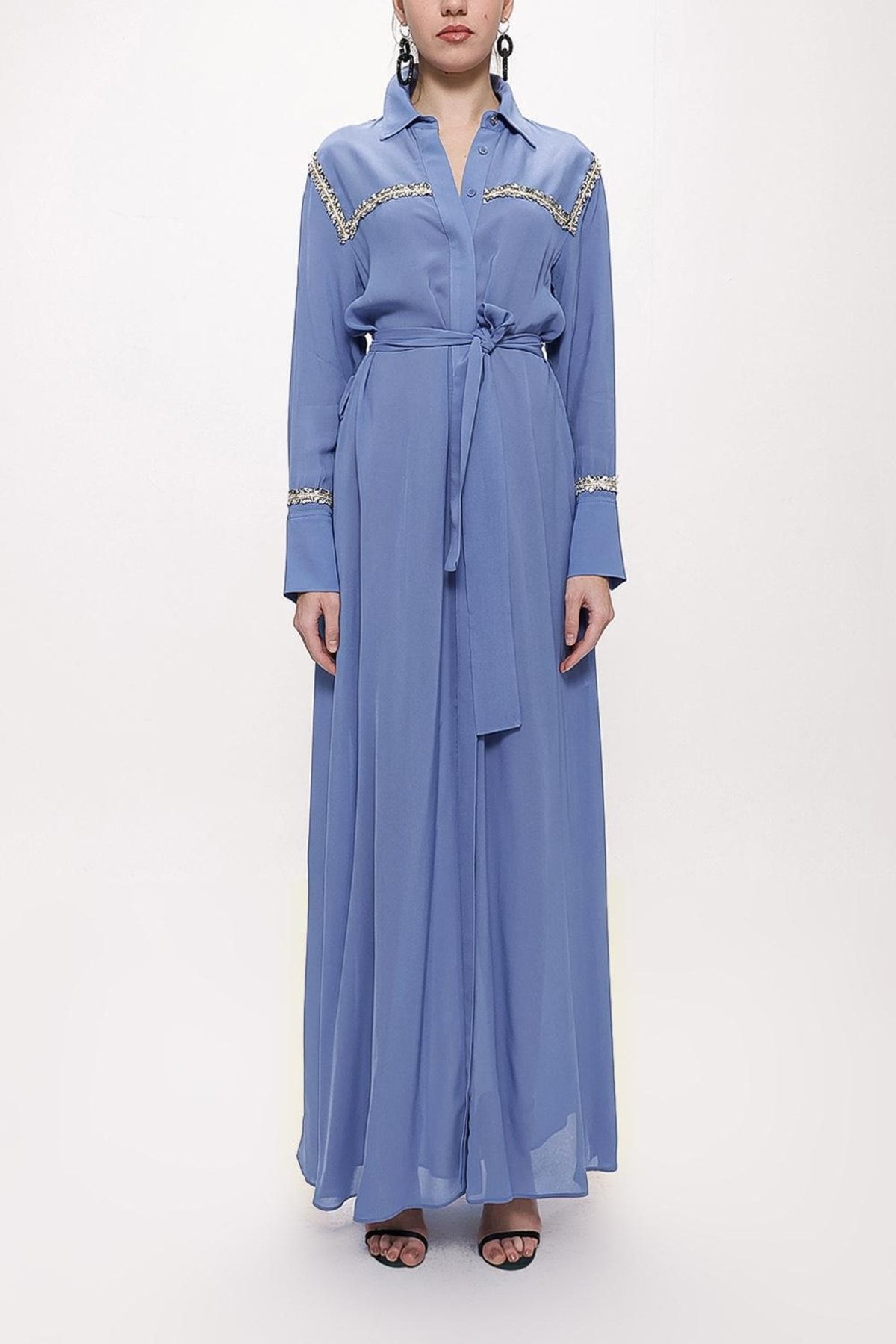SOCIETA Mavi Şerit Aksesuarlı Kemerli Uzun Gömlek Elbise 94153