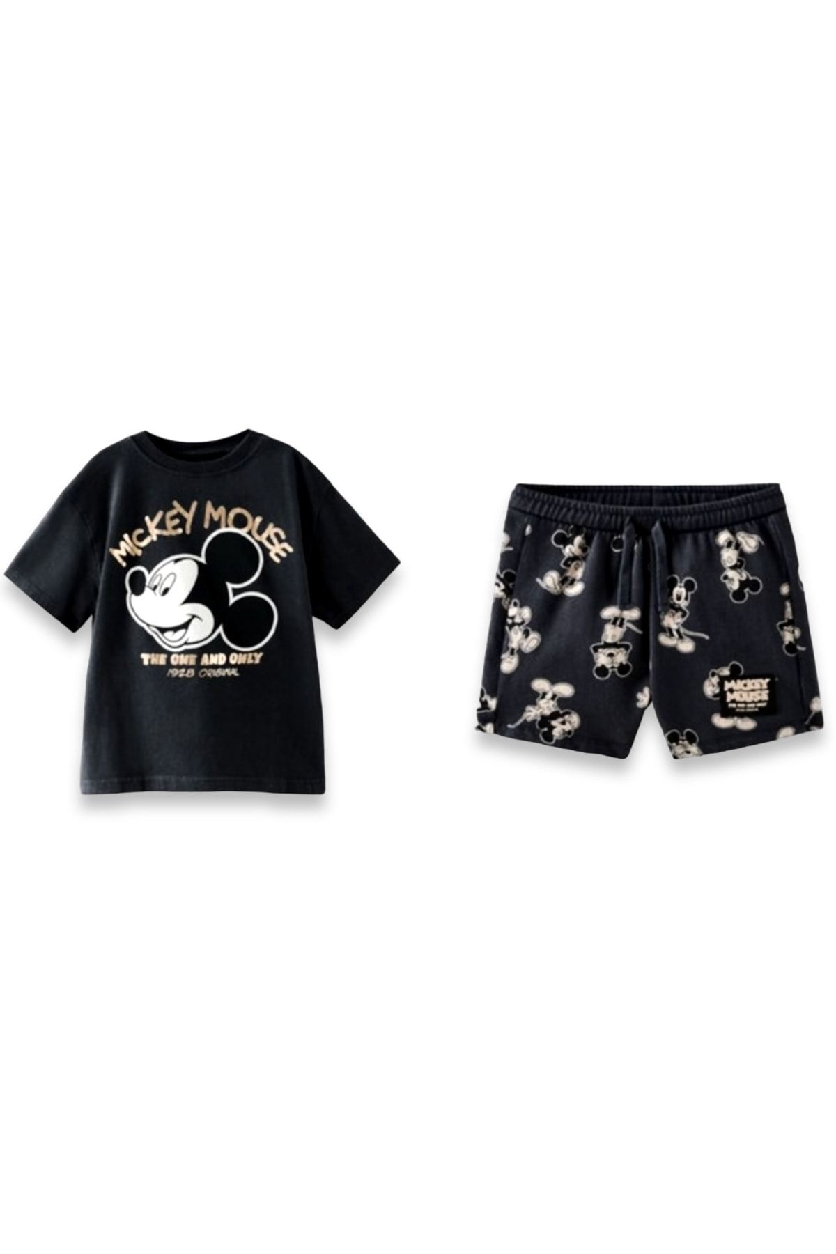Lolliboomkids Unisex Çocuk Siyah Üzeri Parlak Baskı Yazı Detaylı Mickey Mouse Alt Üst Takım T-shirt Şort