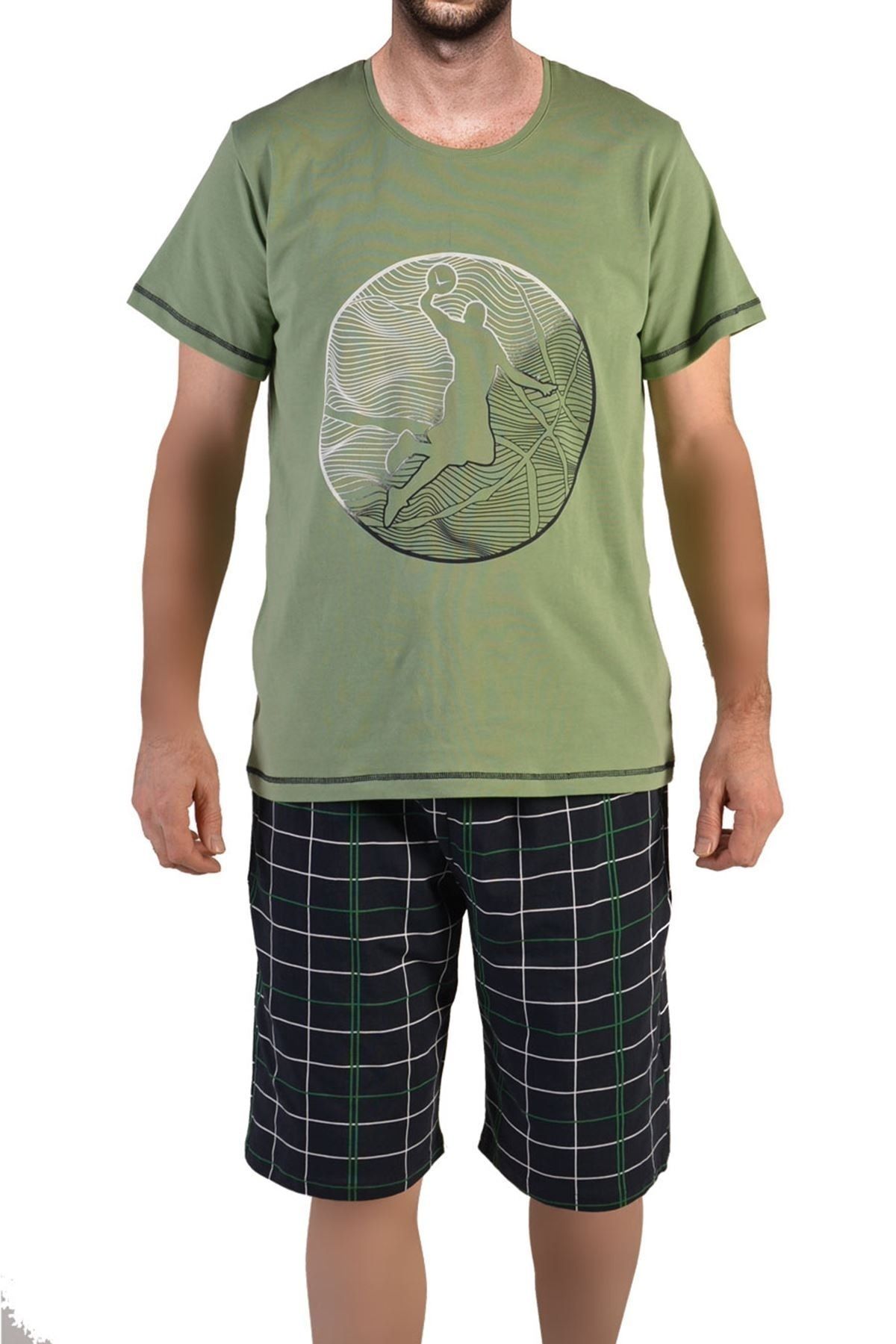 Tom John Yeşil Erkek Şortlu Bermuda Pijama Takımı Kısa Kollu Cepli Pamuk