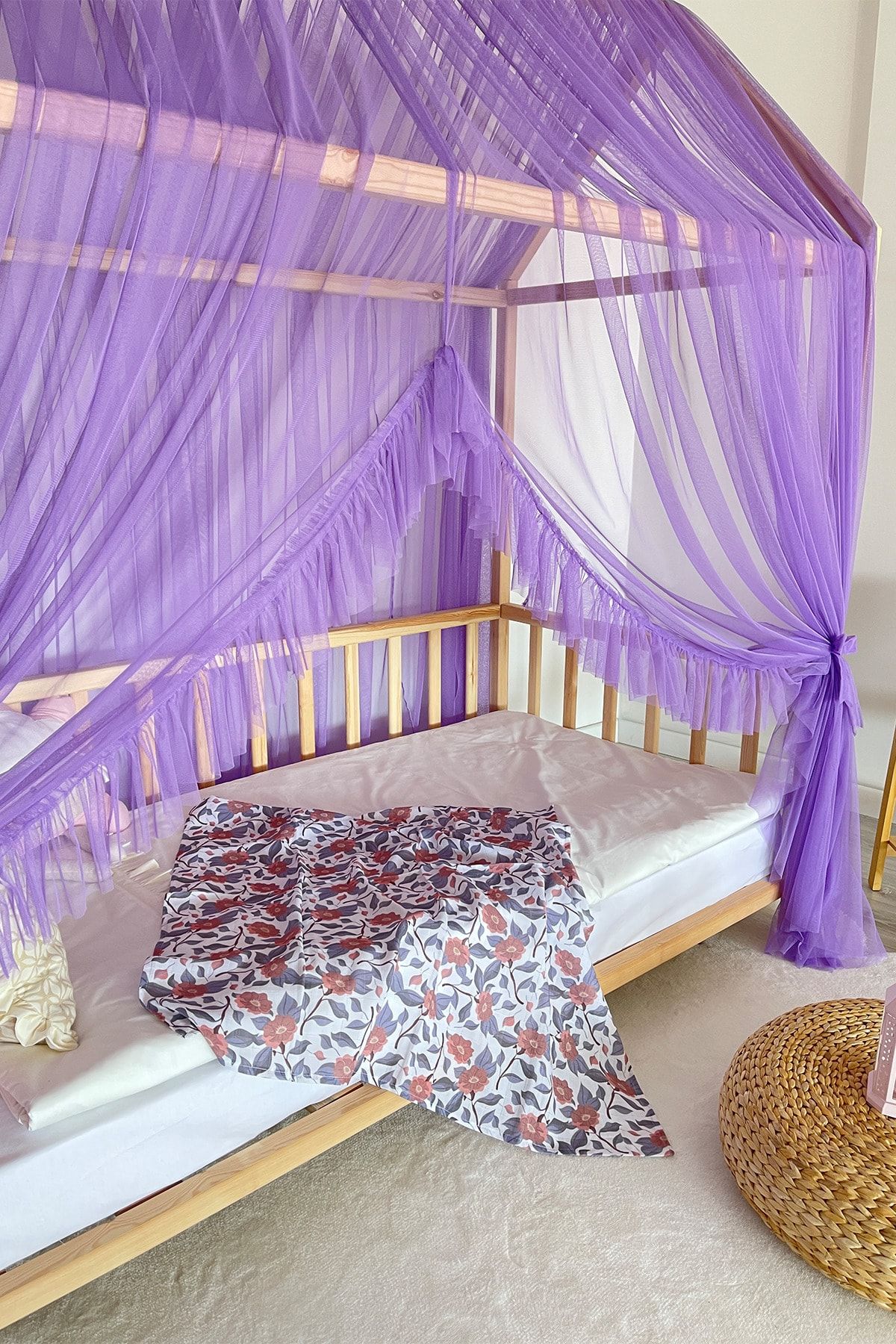 Miniden Lila Montessori Yatak Cibinlik Fırfırlı Tül Yatak Cibinliği Sineklik Çocuk Odası Gölgelik