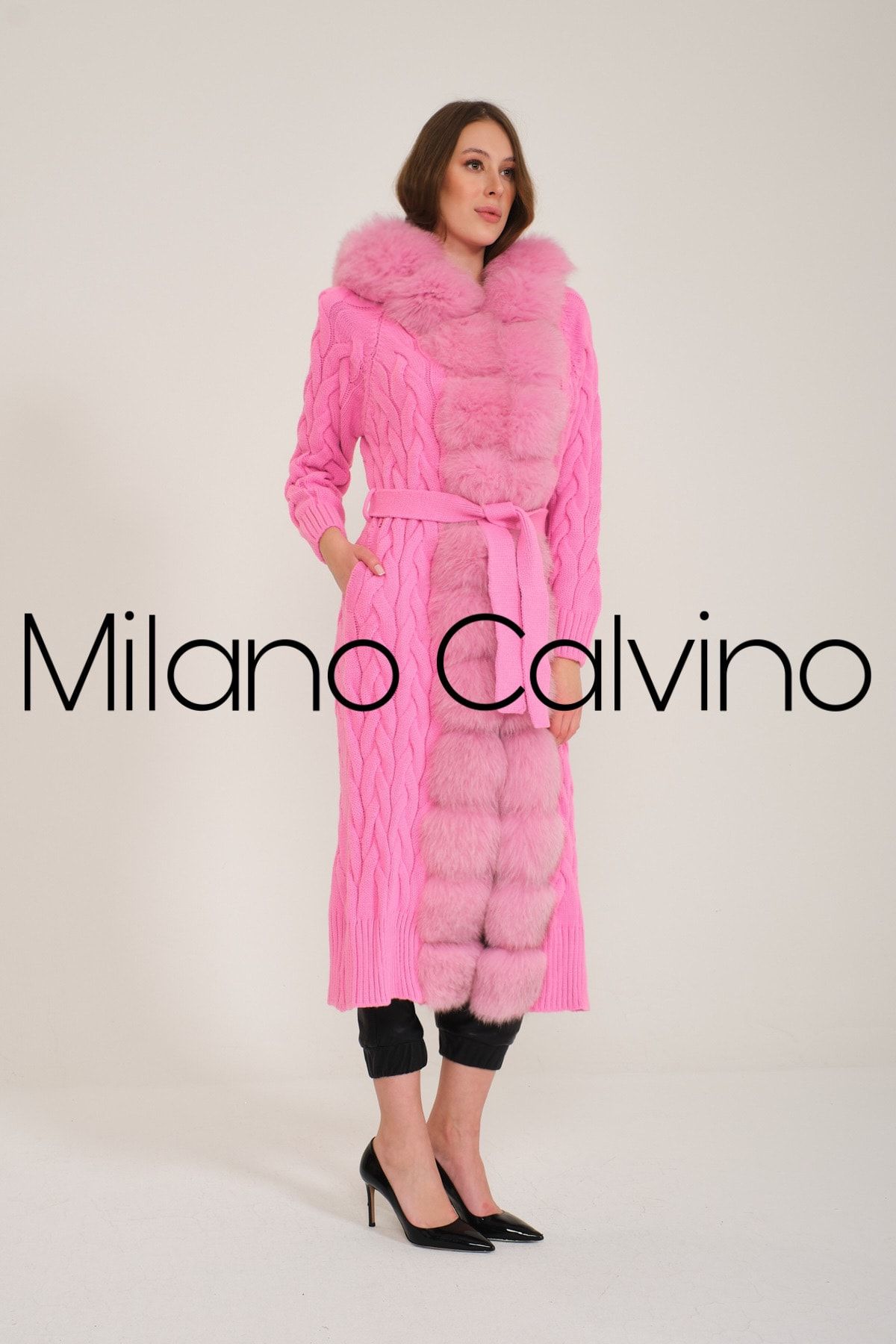 Milano Calvino Kürklü Uzun Triko Hırka (gum Pink)