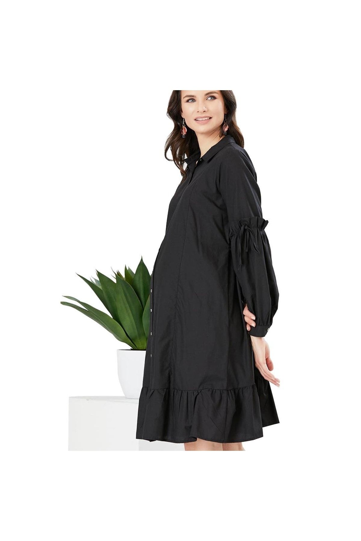 bebegen Siyah Kol Büzgülü Kadın Elbise