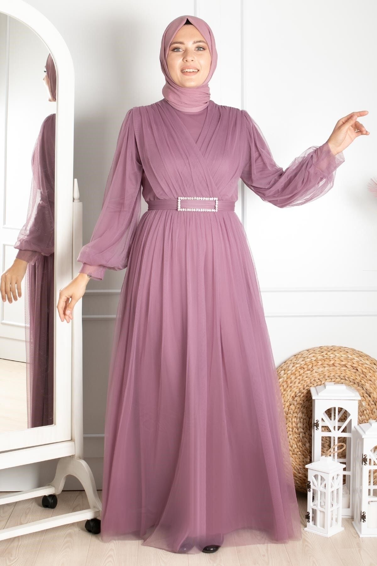 Fahima Kemer Detaylı Tül Abiye Elbise Lila Fhm777