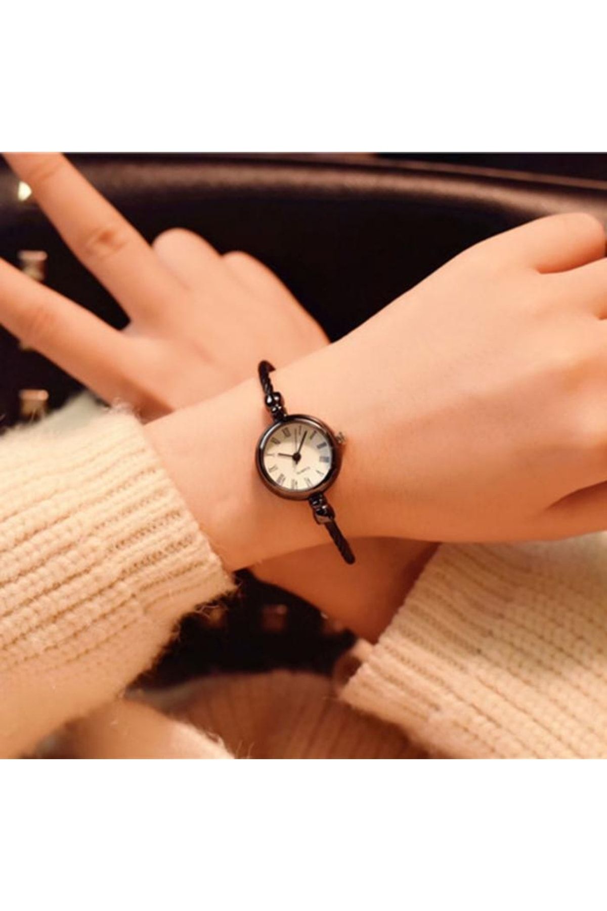 Toz Vintage Siyah-beyaz Ince Bileklik Yuvarlak Vintage&retro Saat