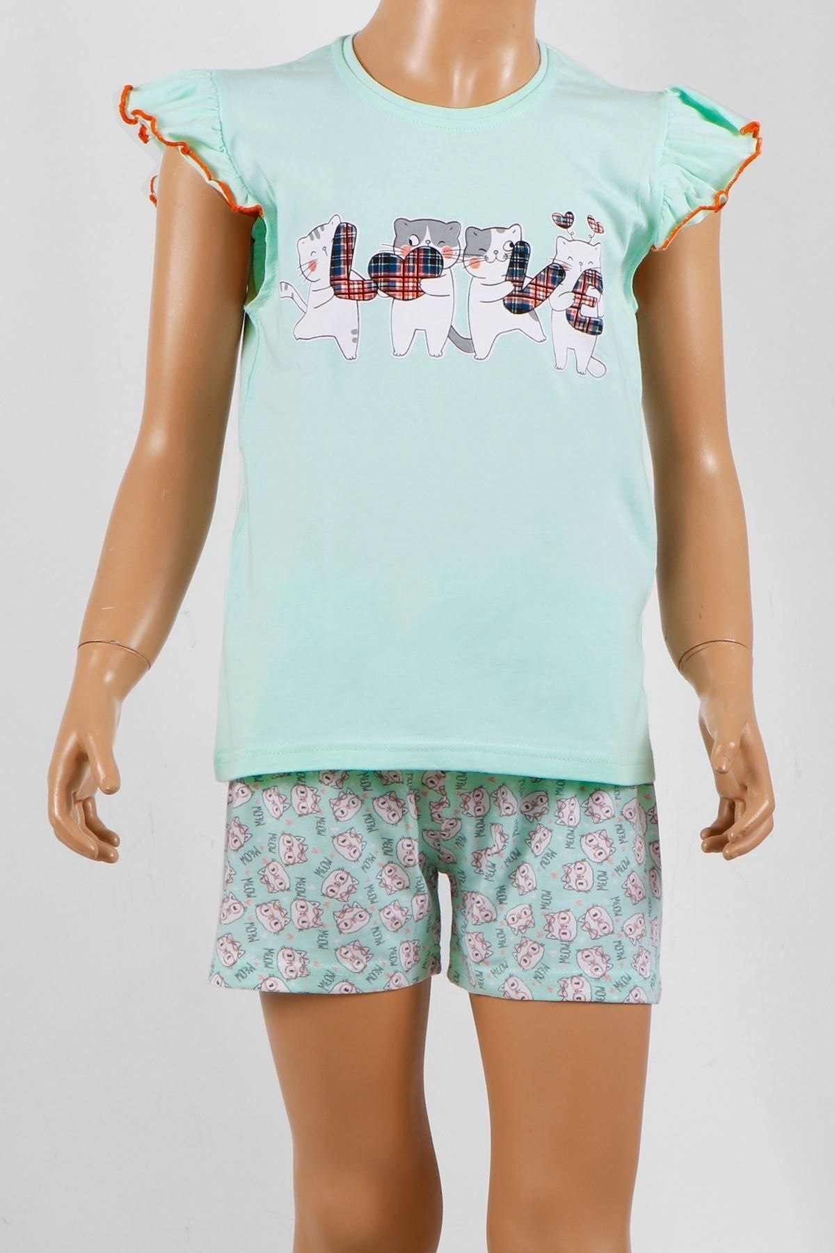 Nicoletta Kız Çocuk Kısa Kollu Şortlu Pijama Takımı Pamuk Likrali Yeşil