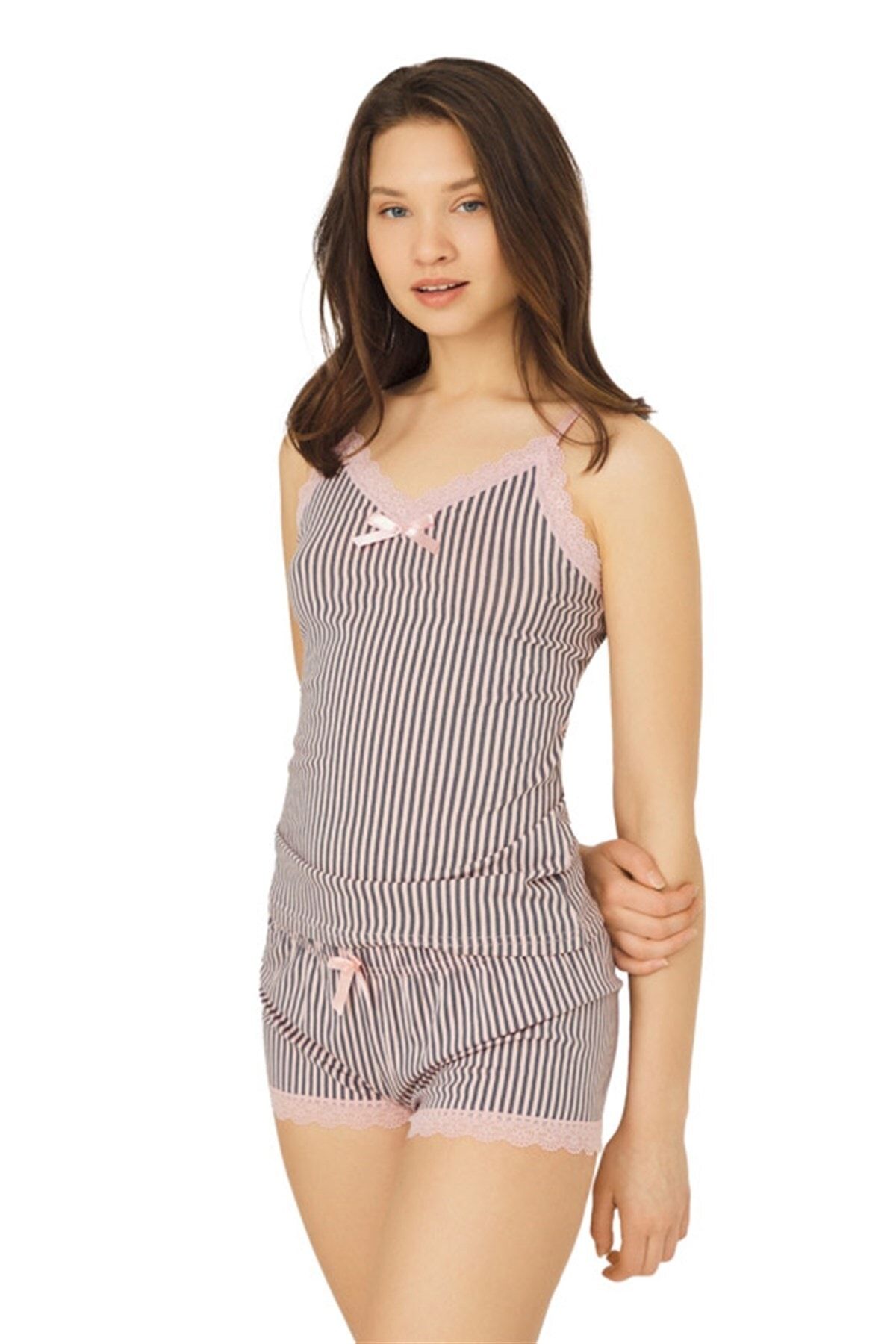 Cottonhill Pembe Füme Çizgili Ince Askılı Şortlu Pamuklu Pijama Takımı