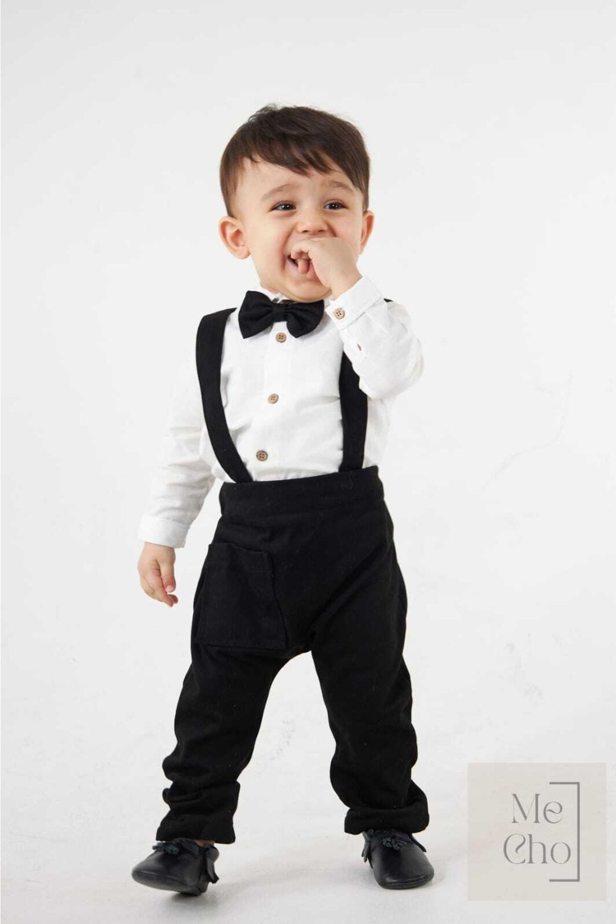 Me Cho Erkek Çocuk Bebek Siyah Klasik Uzun Kollu Gömlek Papyon Pamuklu Hediyelik Salopet Takım Seti