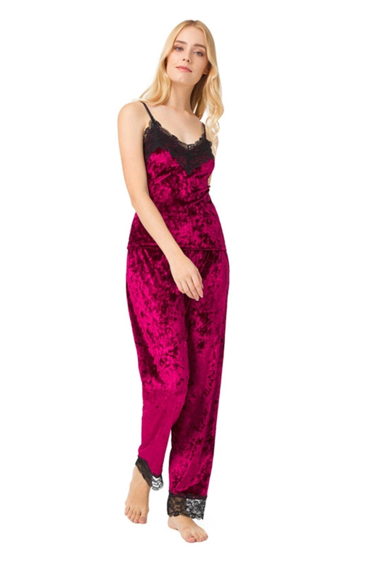 Cottonhill Vişne Dantel Detaylı Kadife Kadın Pijama Takımı