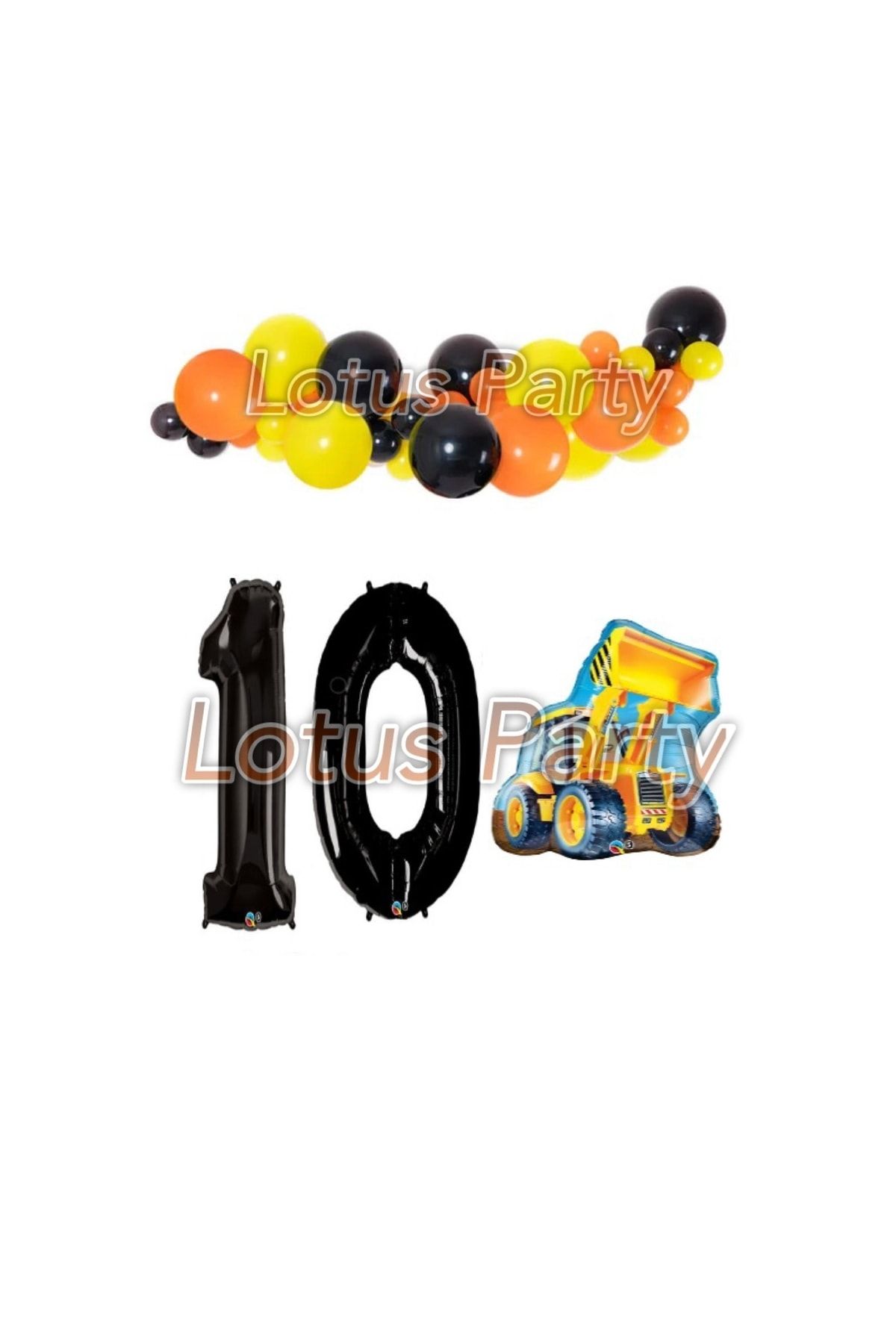 LOTUS PARTY 10 Yaş Inşaat Temalı Balon Zinciri Seti ( Kepçe Folyo Siyah Sarı Turuncu Balon )