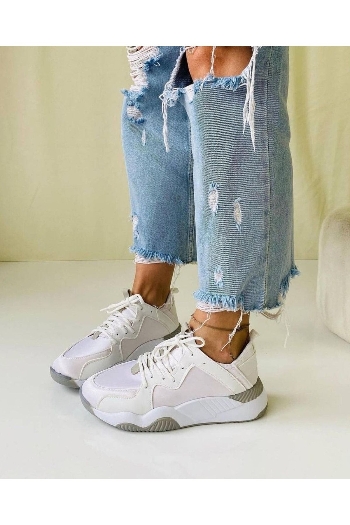 Afilli Kadın Beyaz Krem Bej Kalın Platform Taban Dalgıç Esnek Kumaş Bağcıklı Sneaker Spor Ayakkabı