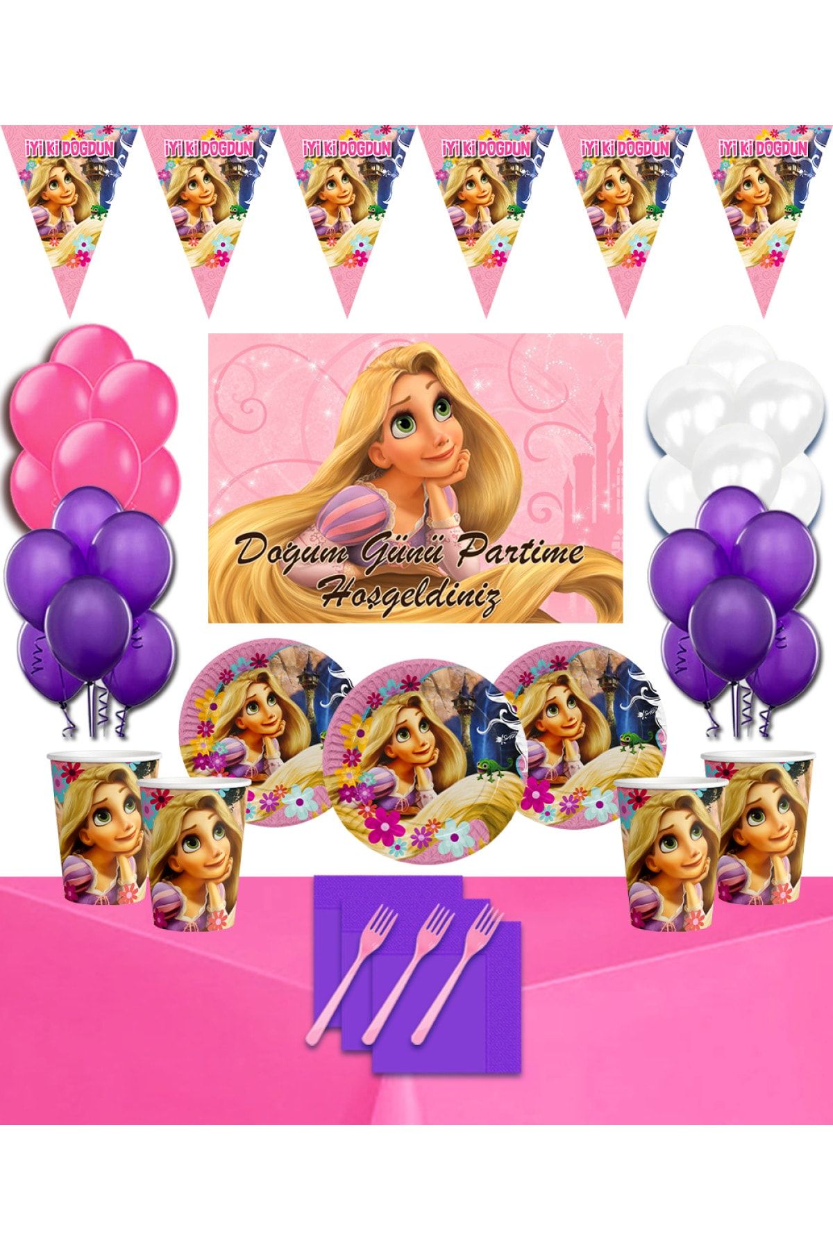 Parti Karnavalı Rapunzel Disney Afişli 8 Kişilik Doğum Günü Parti Süsleri Malzemeleri Seti