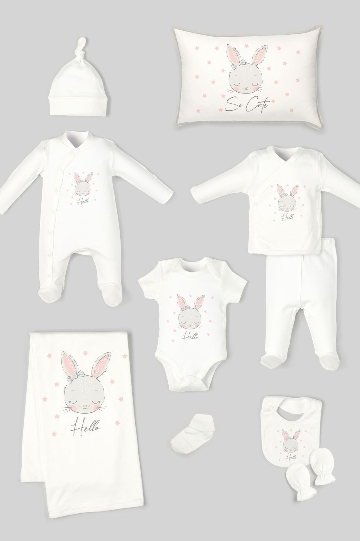 Tuğba Kuğu Organik 10'lu Interlok Hastane Çıkışı - For Baby Serisi - Pembe Kulaklı Tavşan