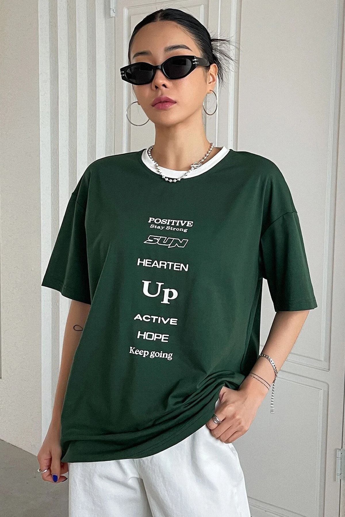 MODAGEN Unisex Yeşil Yaka Beyaz Positive Oversize T-shirt Shoulder Tee