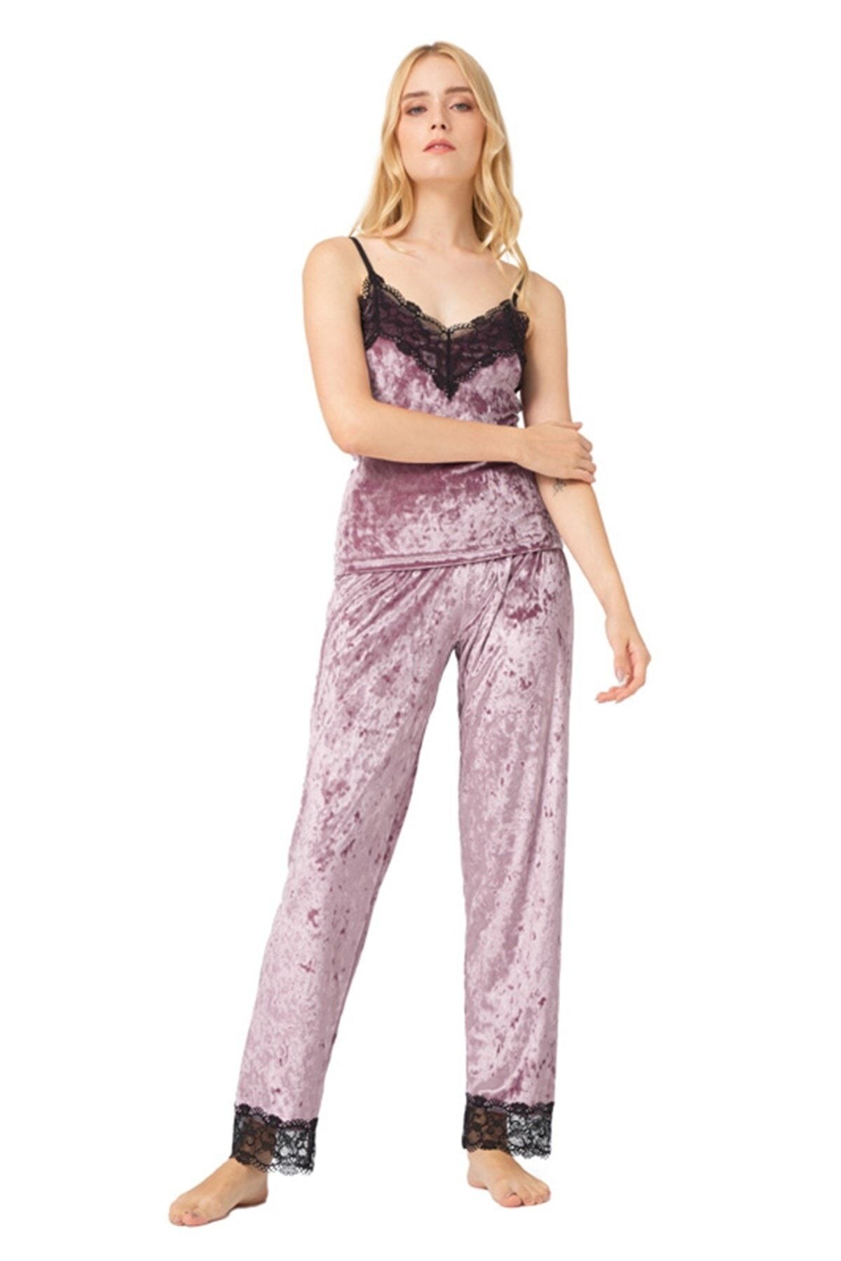 Cottonhill Pudra Dantel Detaylı Kadife Kadın Pijama Takımı