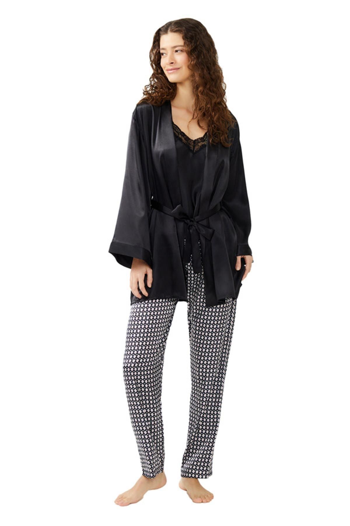 Cottonhill Siyah Dantel Detaylı Desenli Saten Pijama Takımı 3'lü Set