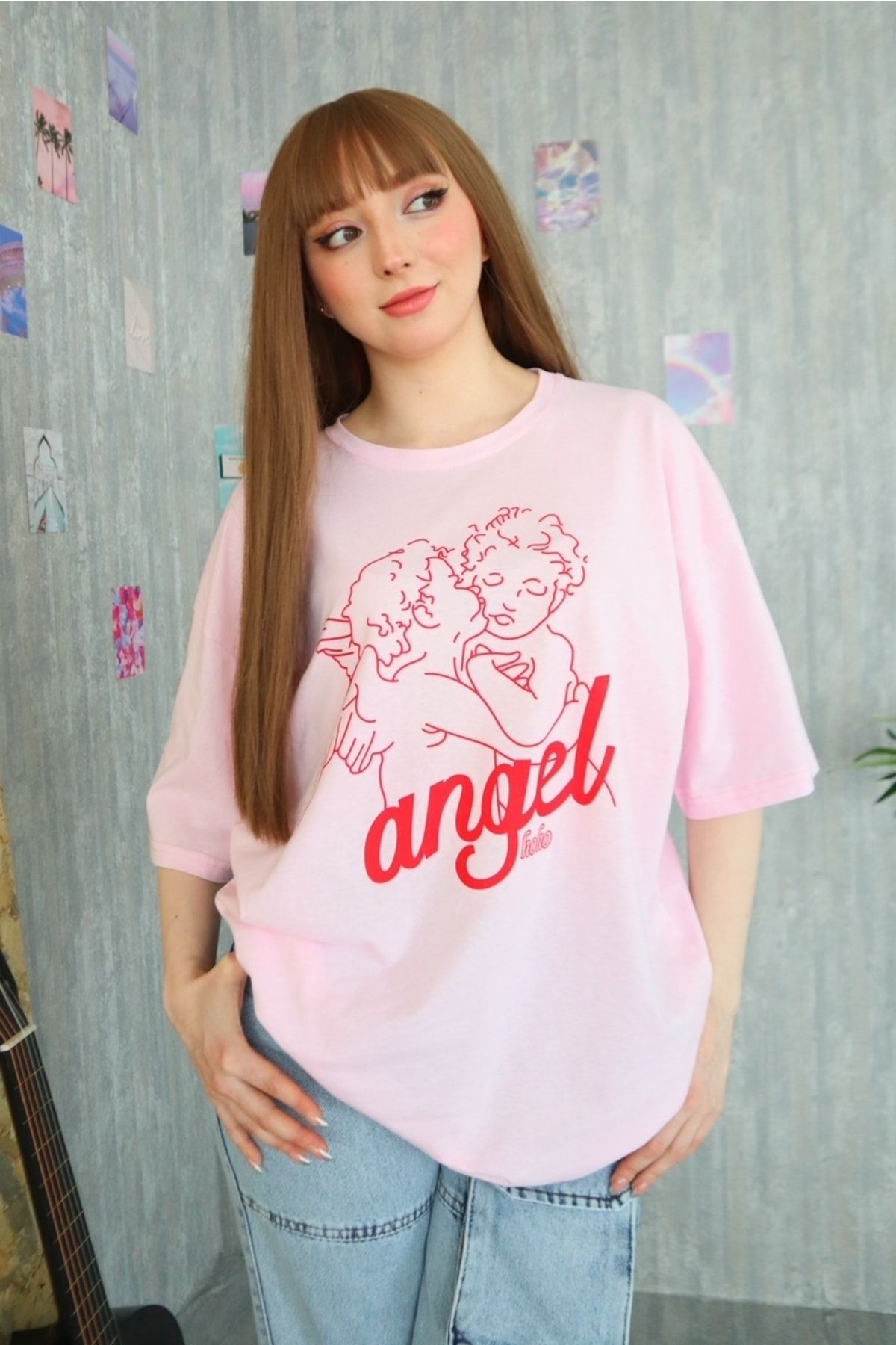Ef Butik Pembe Unisex Angel Yazılı T-shirt