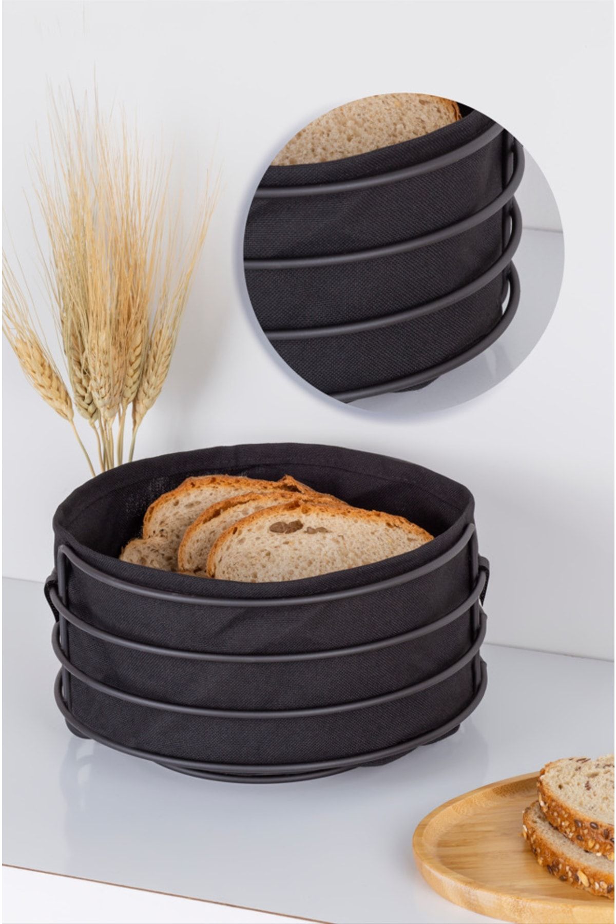 Çavdar Group Lüx Metal Ekmek Sepeti Yuvarlak Paslanmaz Ekmeklik Kumaşlı Çok Amaçlı Sepet Kutu