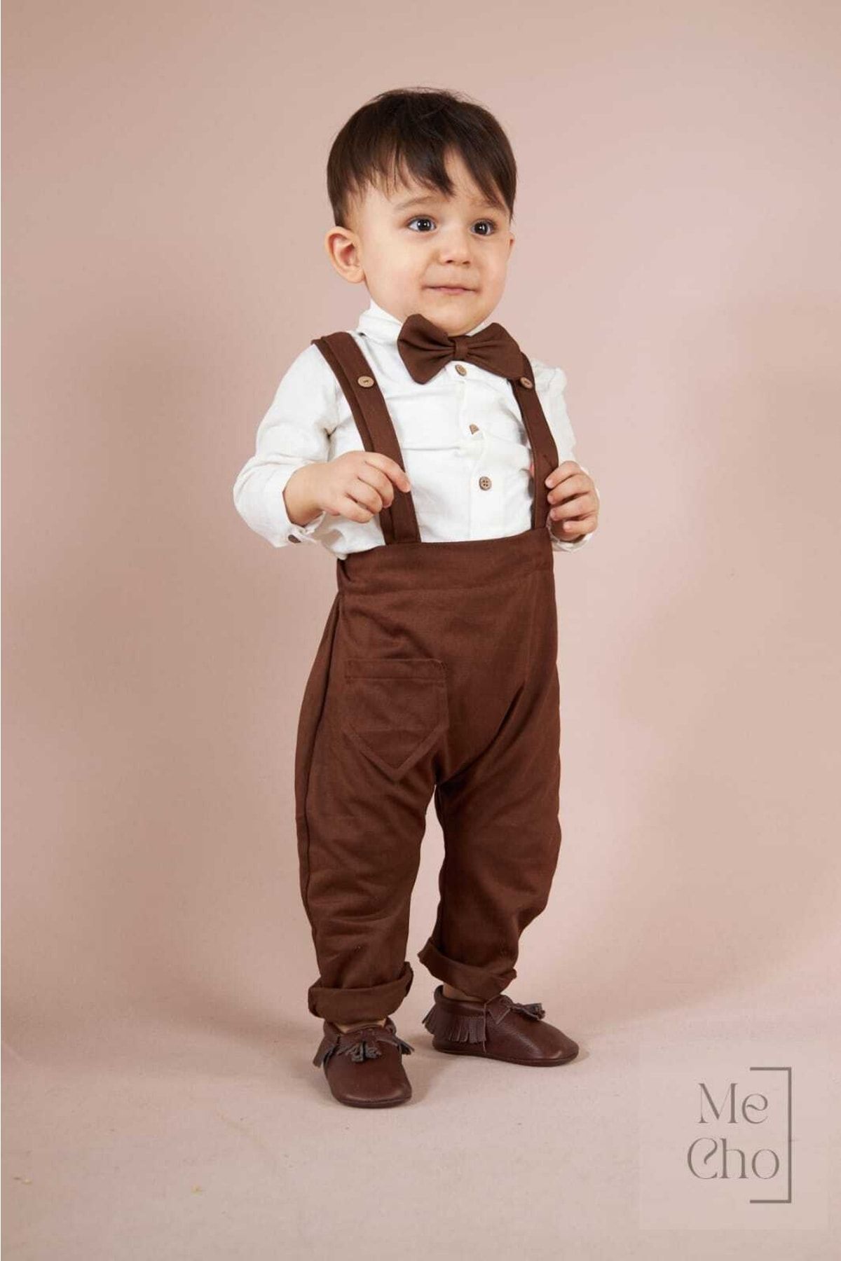 Me Cho Erkek Çocuk Bebek Kahverengi Klasik Uzun Kollu Gömlek Papyon Pamuklu Hediyelik Salopet Takım Seti