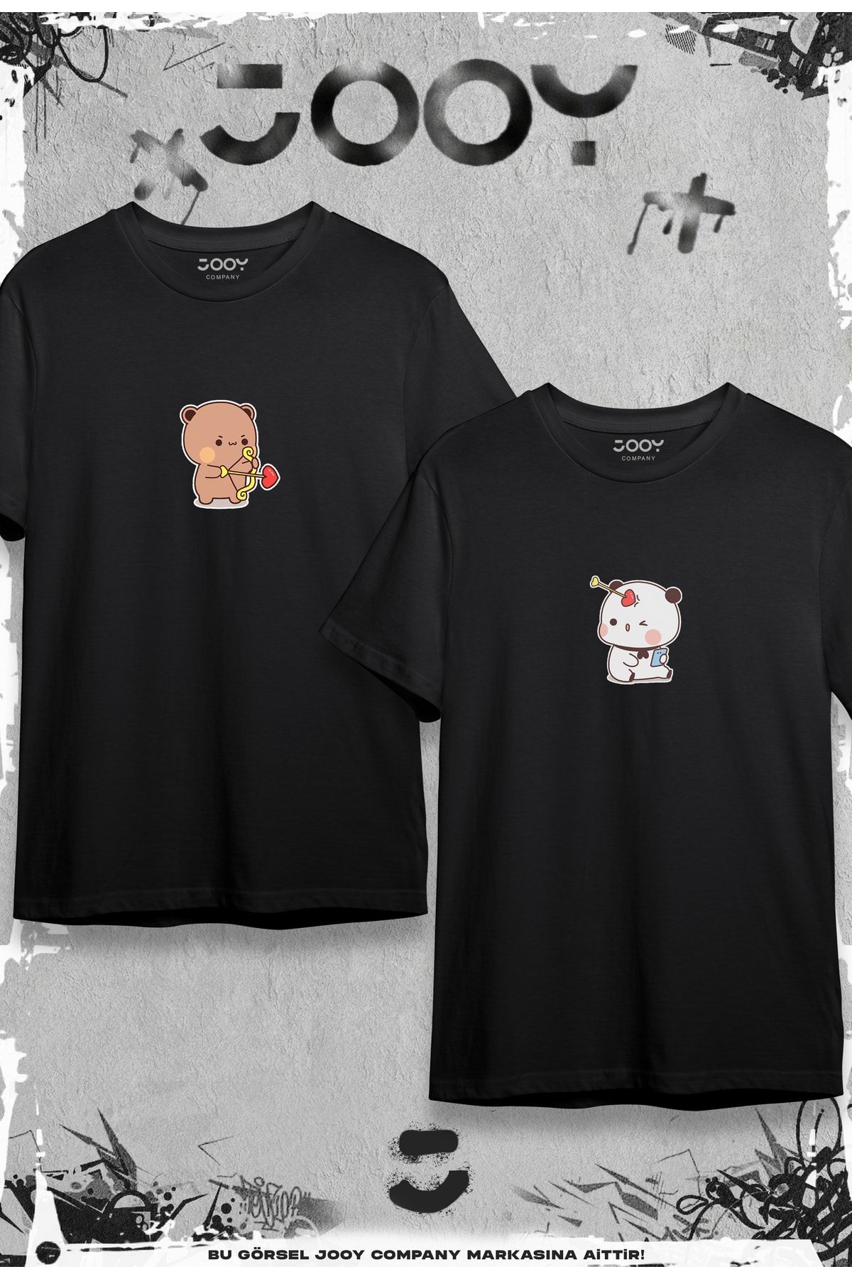 Jooy Company Sevgili Ayıcık Baskılı Çift Kombini Siyah Oversize Tshirt 2'li Set