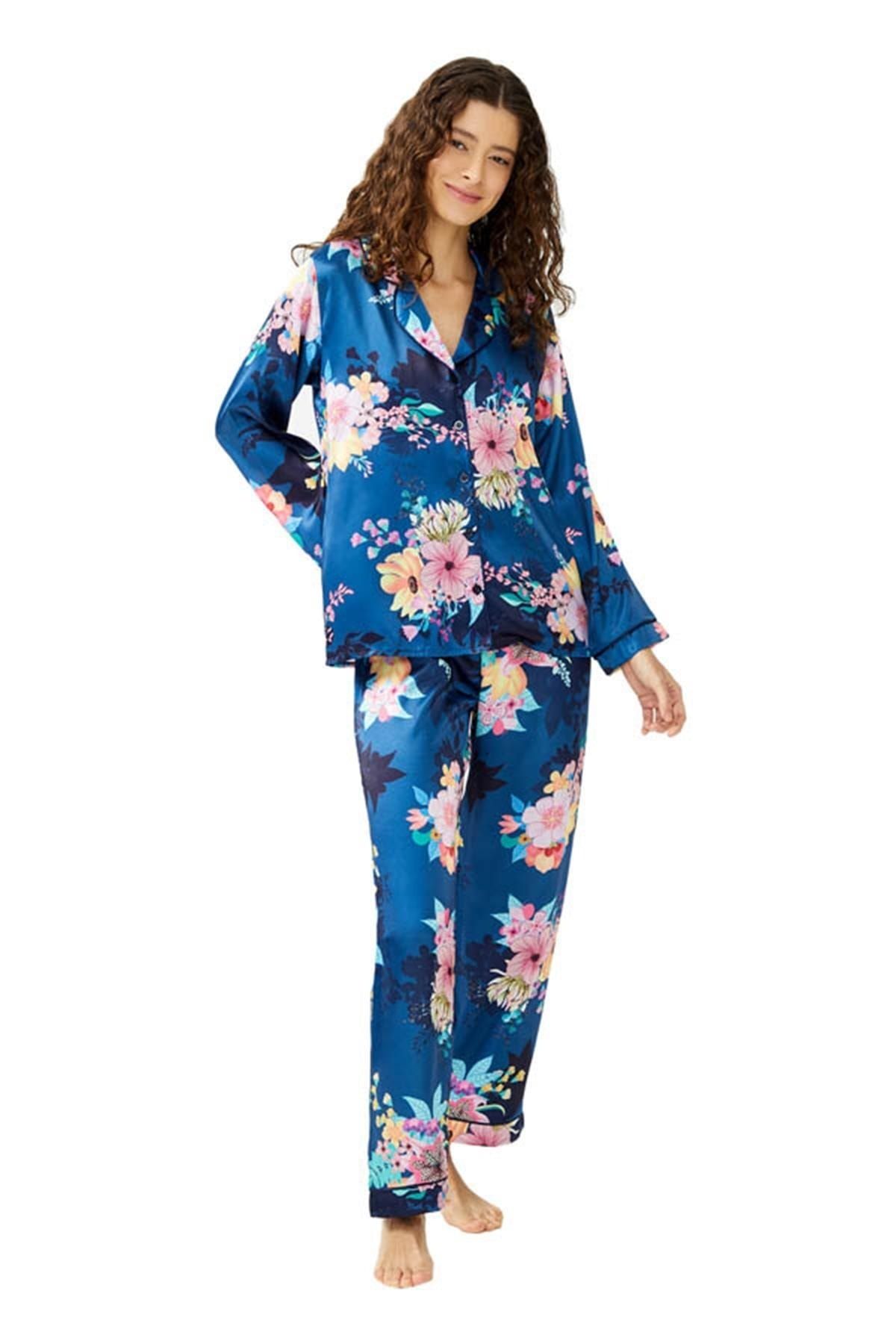 Cottonhill Mavi Çiçek Desenli Önden Düğmeli Saten Kadın Pijama Takımı