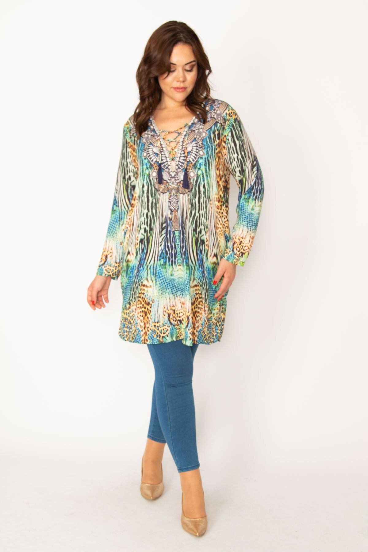 Şans Tekstil Kadın Renkli V Yakalı Şifon Tunik Elbise 26a33470