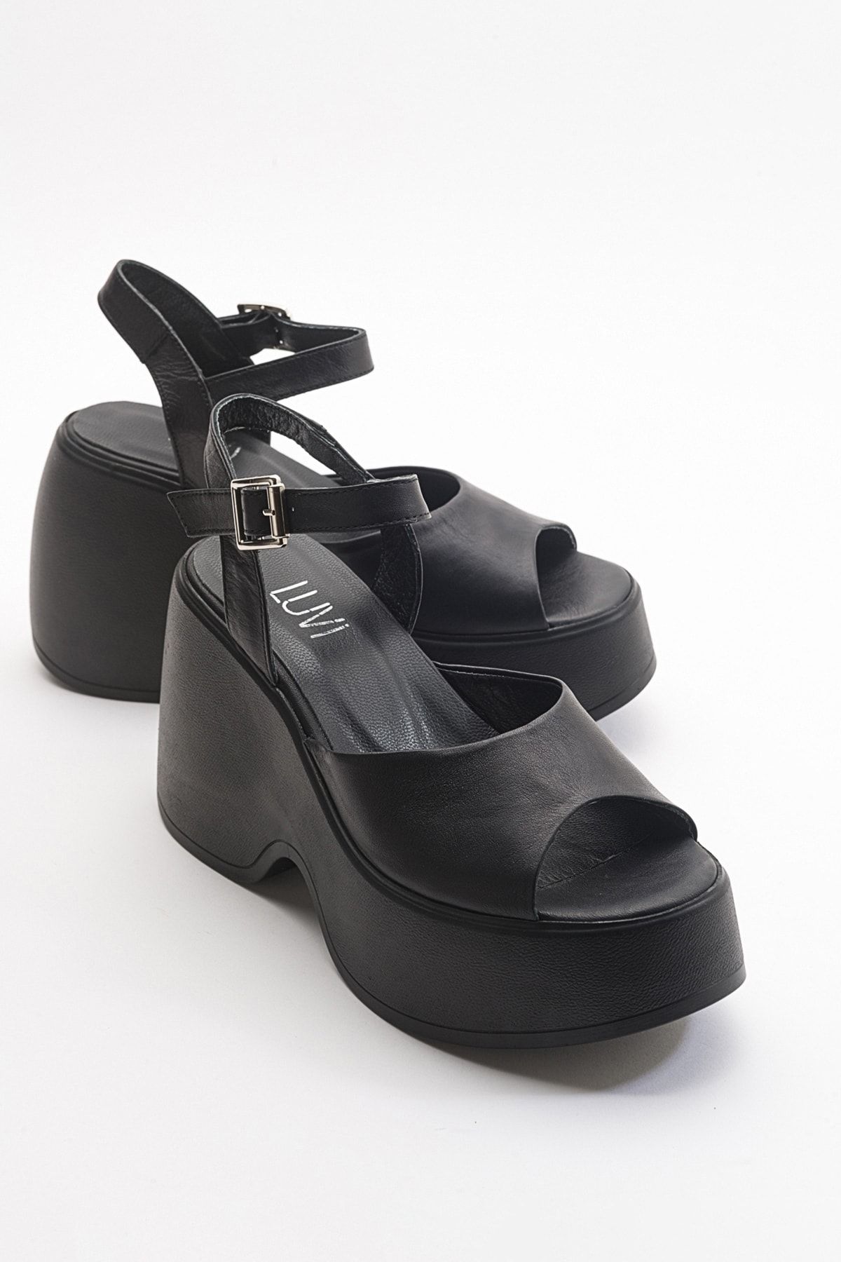 luvishoes Abbon Siyah Cilt Hakiki Deri Kadın Sandalet