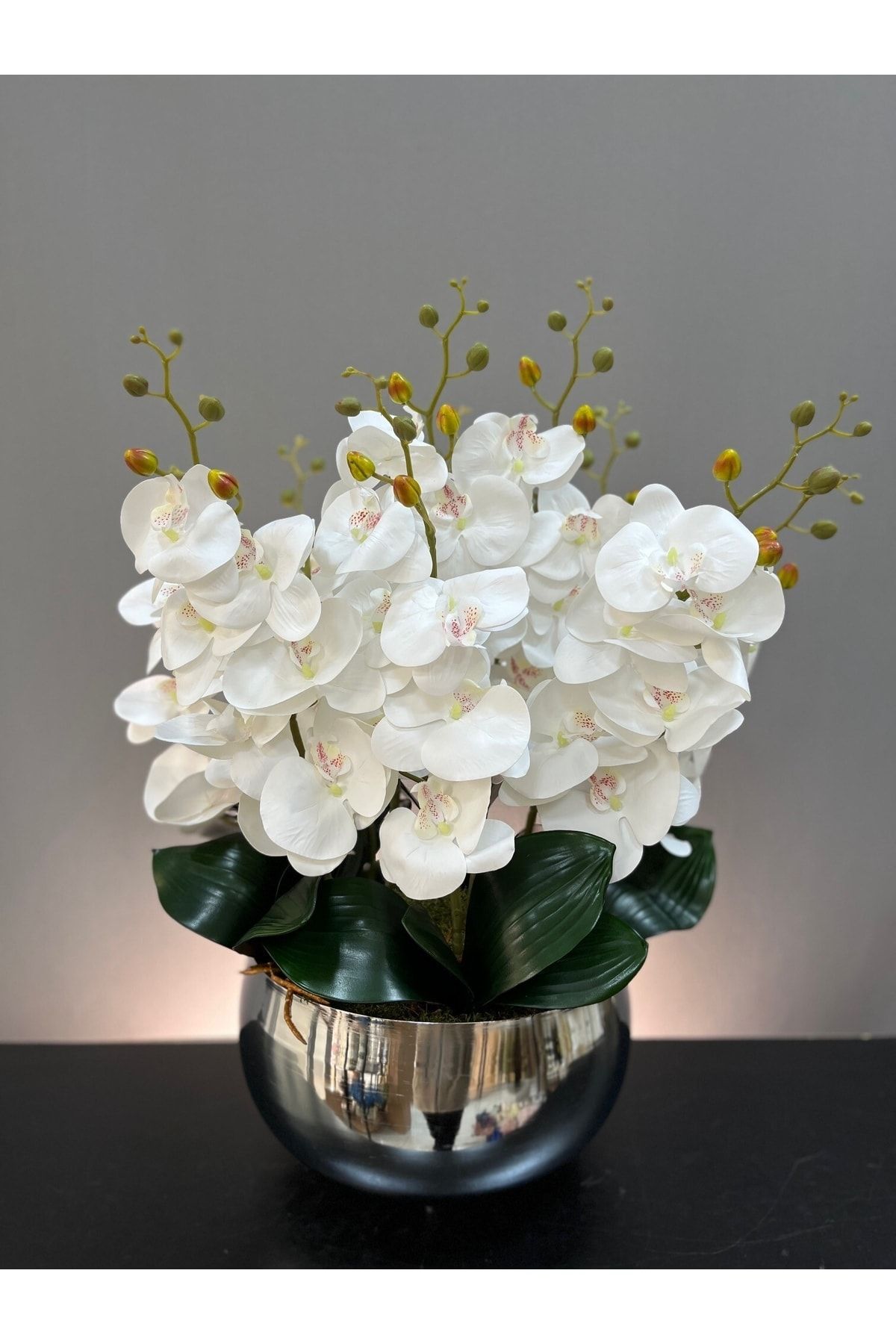 LİLOTEHOME Yapay Luxury Orkide 10 Dal Islak Beyaz Japon Model Gümüş Renk Saksı Dikey Model