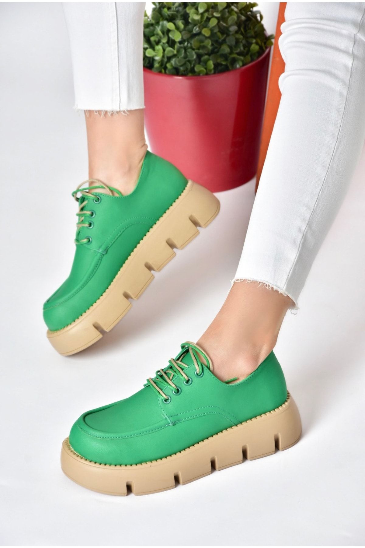 Fox Shoes P267632009 Yeşil Kalın Tabanlı Günlük Kadın Ayakkabı